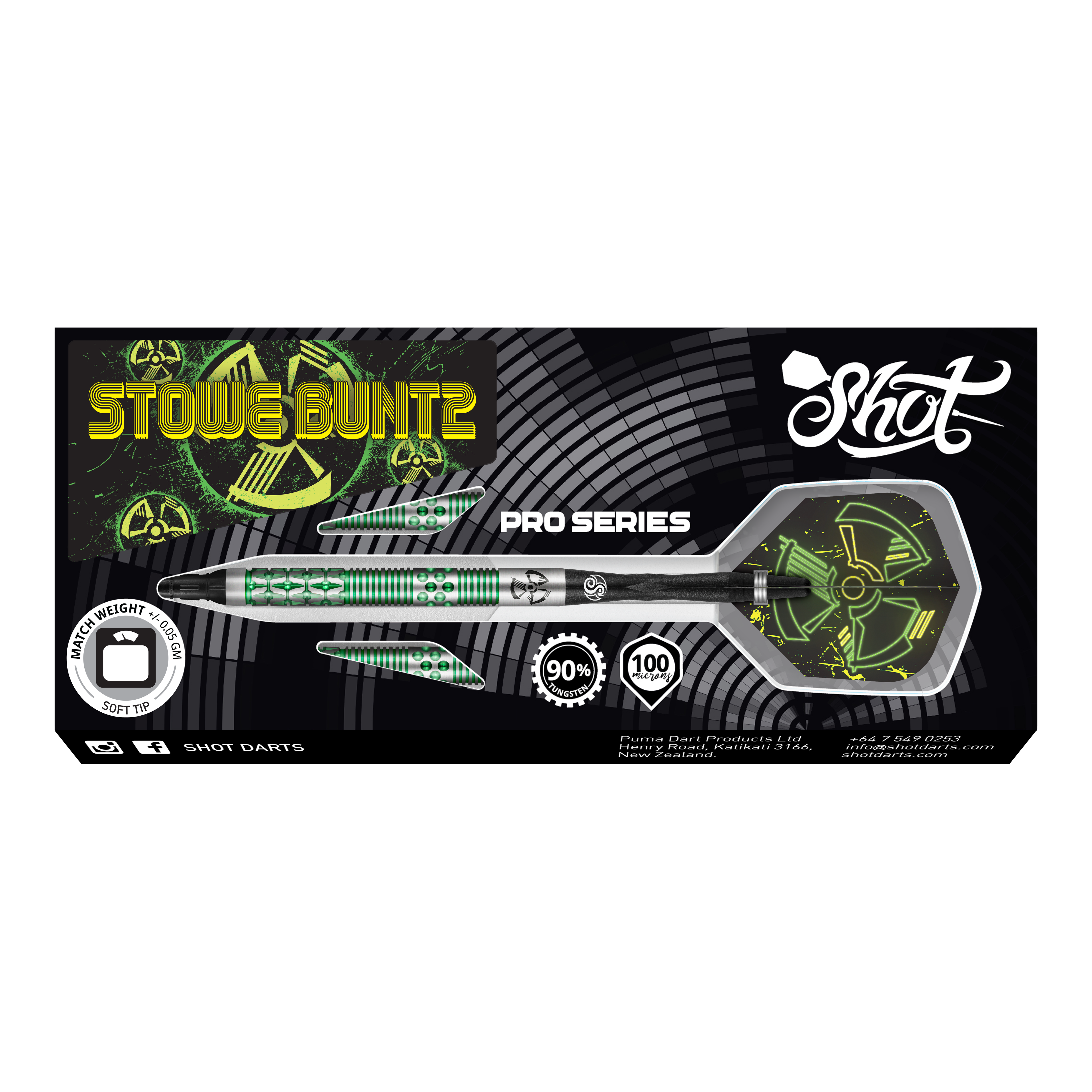Shot Pro-Series Stowe Buntz 2 miękkie lotki - 21g Das Bild zeigt die Verpackung der "Shot Pro-Series Stowe Buntz 2 Softdarts - 21g". Auf der Verpackung sind die Dartpfeile mit grünem und schwarzem Design sowie das Shot-Logo abgebildet.