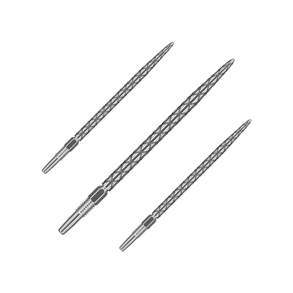 Końcówki do lotek Target Swiss Diamond Pro Silver Points Auf dem Bild sind drei silberne Dartspitzen mit einem rautenförmigen Muster zu sehen. Sie sind nebeneinander angeordnet und haben eine Länge von 40 mm.