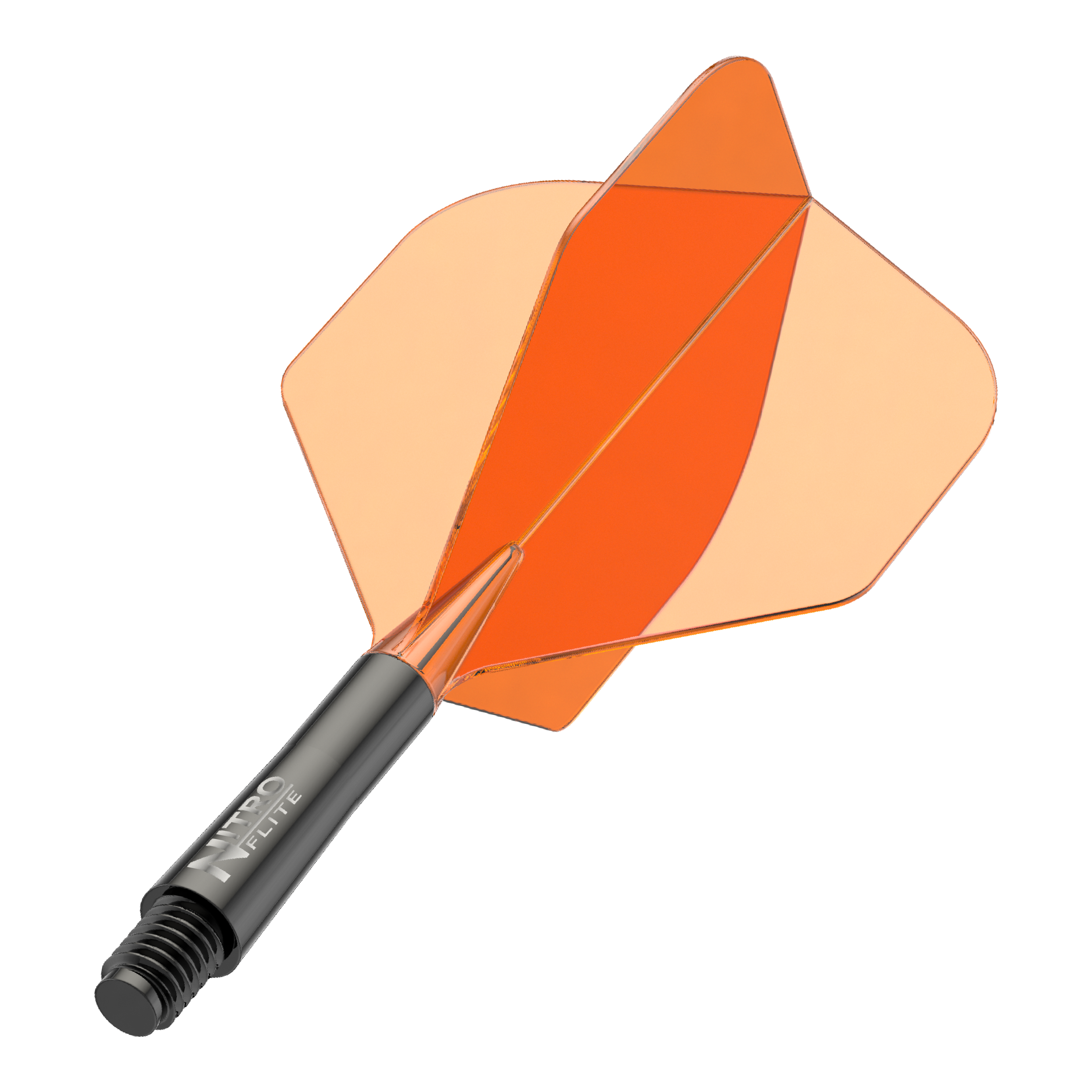 Red Dragon Nitroflite Czarny trzonek Pomarańczowe lotki nr 2 Auf dem Bild ist ein schwarzer Dartschaft mit orangefarbenen Flights zu sehen. Es handelt sich um ein Zubehör für Dartpfeile.