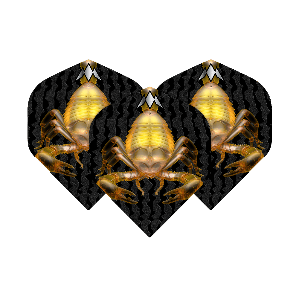 Misja Solo Scorpion nr 2 Standardowe loty Das Bild zeigt drei Dart-Flights mit einem auffälligen Skorpion-Design auf schwarzem Hintergrund. Die Flights sind Teil des Produkts "Mission Solo Scorpion No2 Standard Flights".