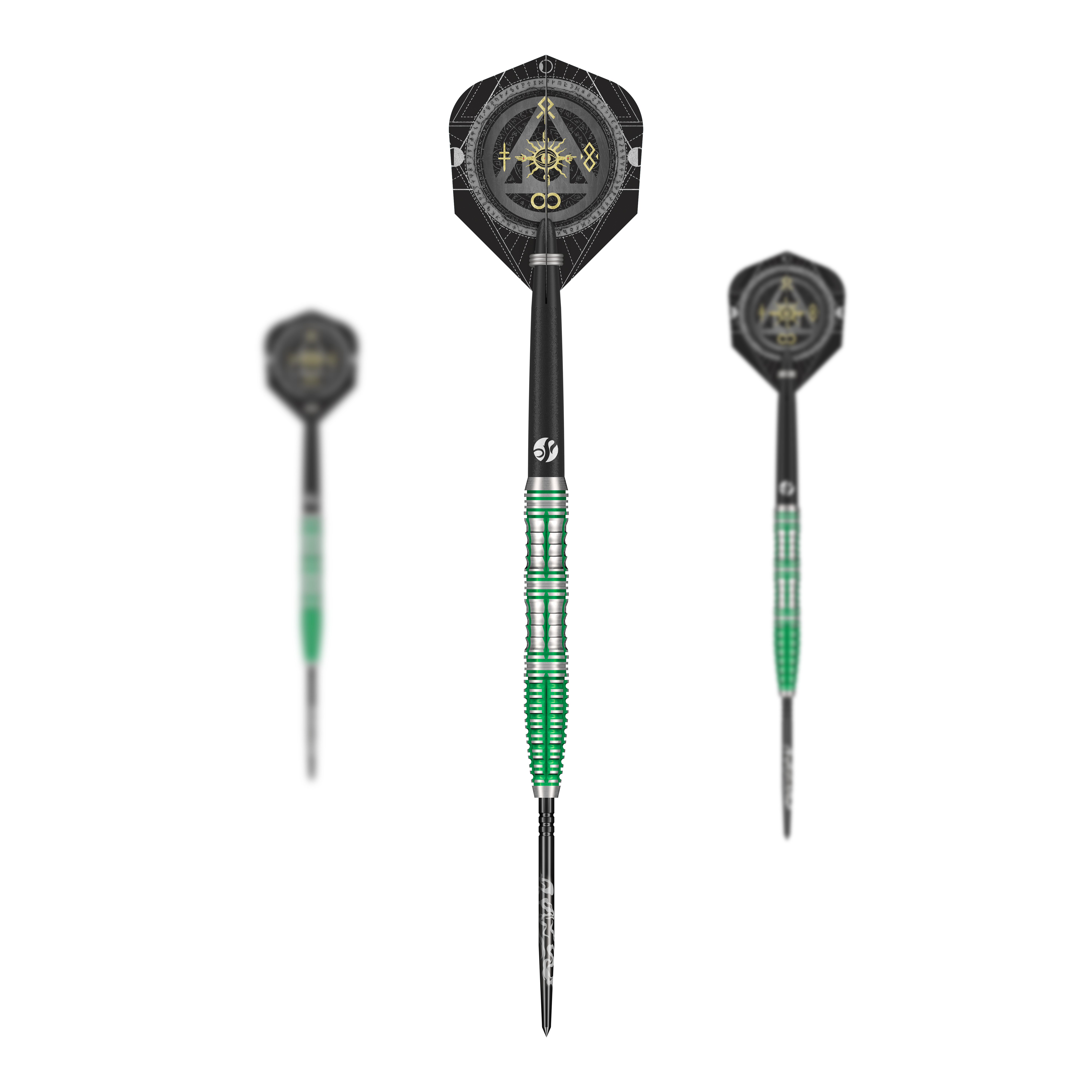 Shot Alchemy Mythril Turbo Point Steeldarts Zu sehen ist ein Set Shot Alchemy Mythril TurboPoints Steeldarts. Die Darts sind zusammen abgebildet.