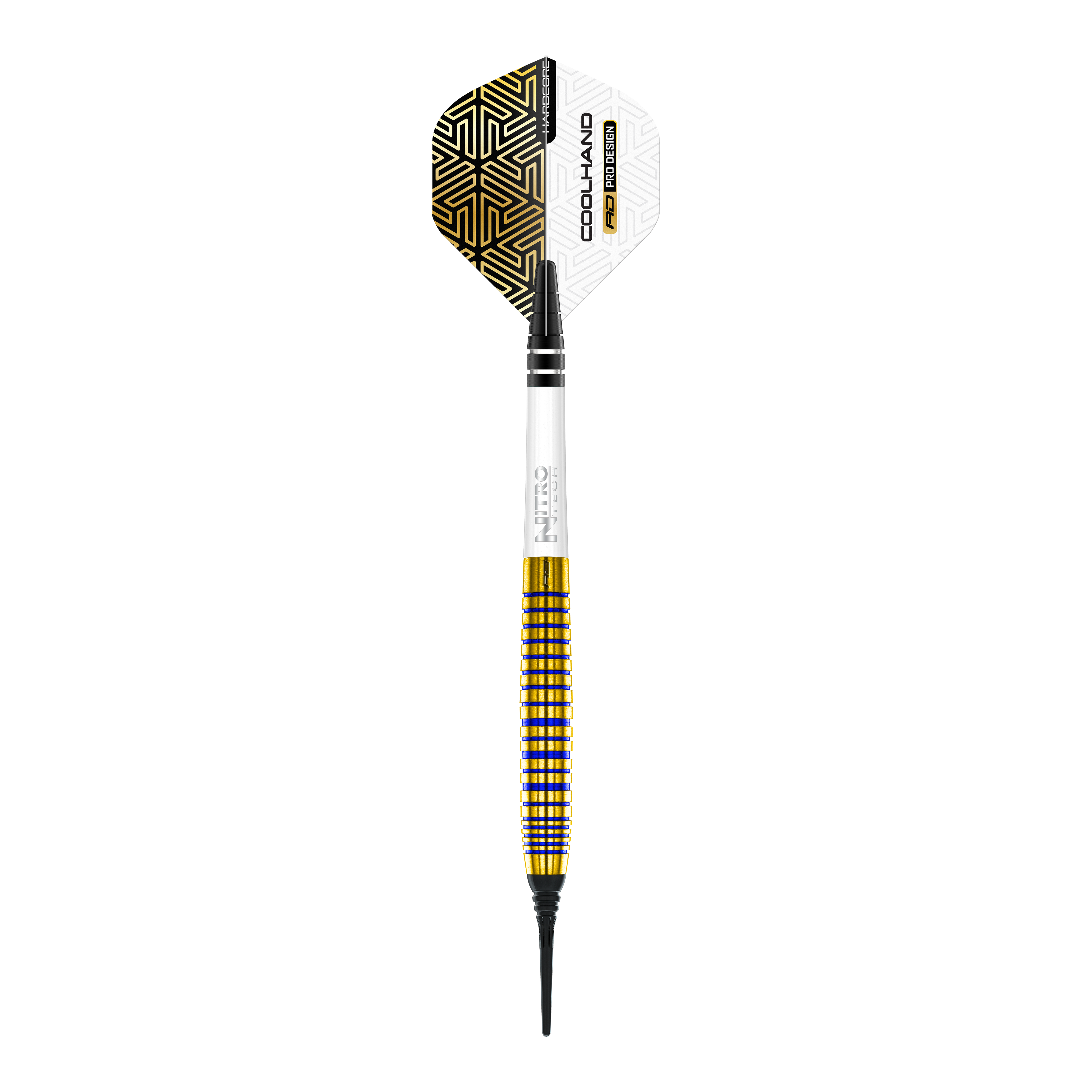 Red Dragon Luke Humphries TX3 Gold SE Softdarts - 20g Das Bild zeigt einen Red Dragon Luke Humphries TX3 Gold SE Softdart mit einem Gewicht von 20g. Der Dart hat ein auffälliges Design mit goldenen und schwarzen Akzenten und einer weißen Flight.