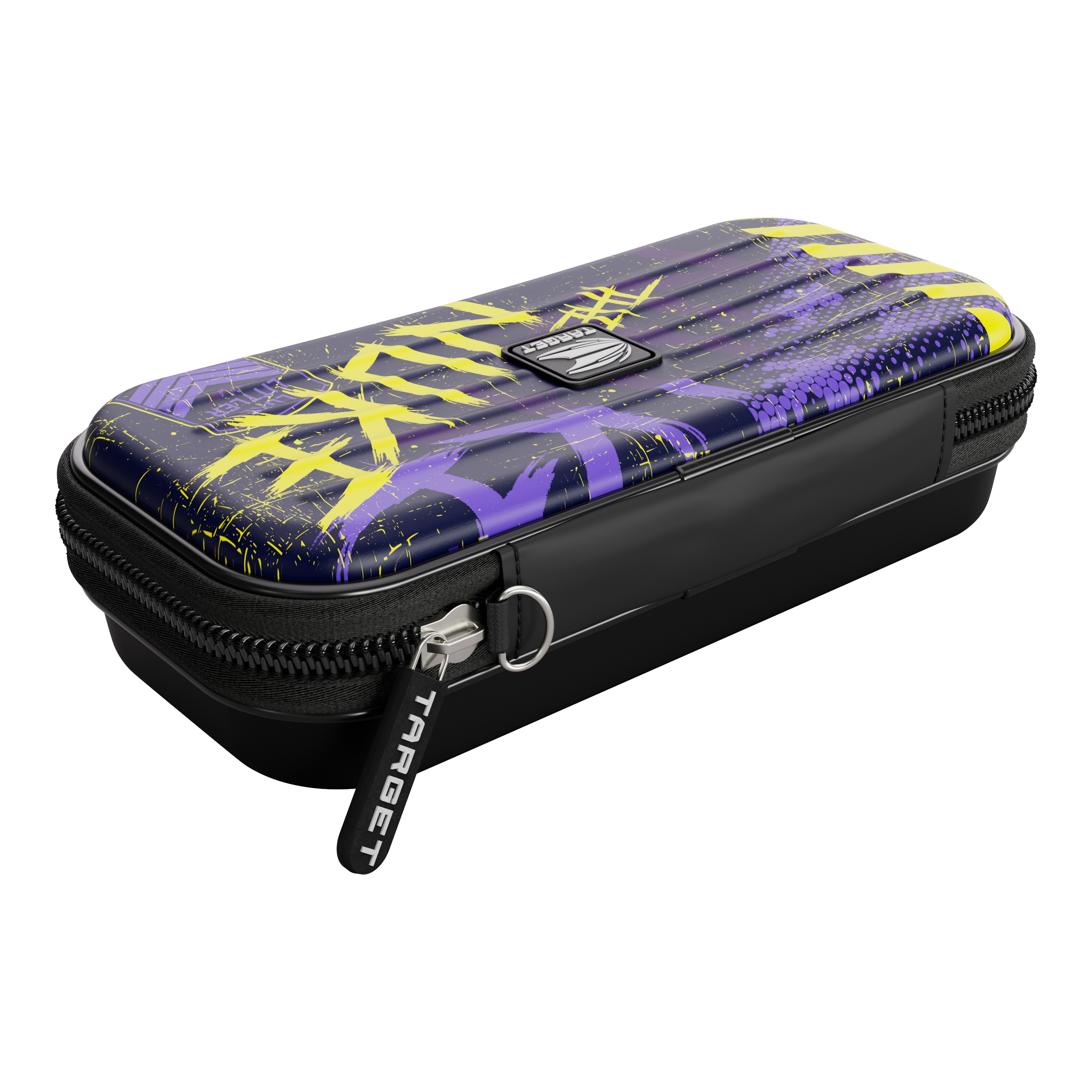 Etui na lotki Target Takoma Luke Littler Das Bild zeigt das "Target Takoma Luke Littler Dartcase" mit einem auffälligen Design in Lila, Gelb und Schwarz. Das Etui hat einen Reißverschluss und das Target-Logo ist gut sichtbar.
