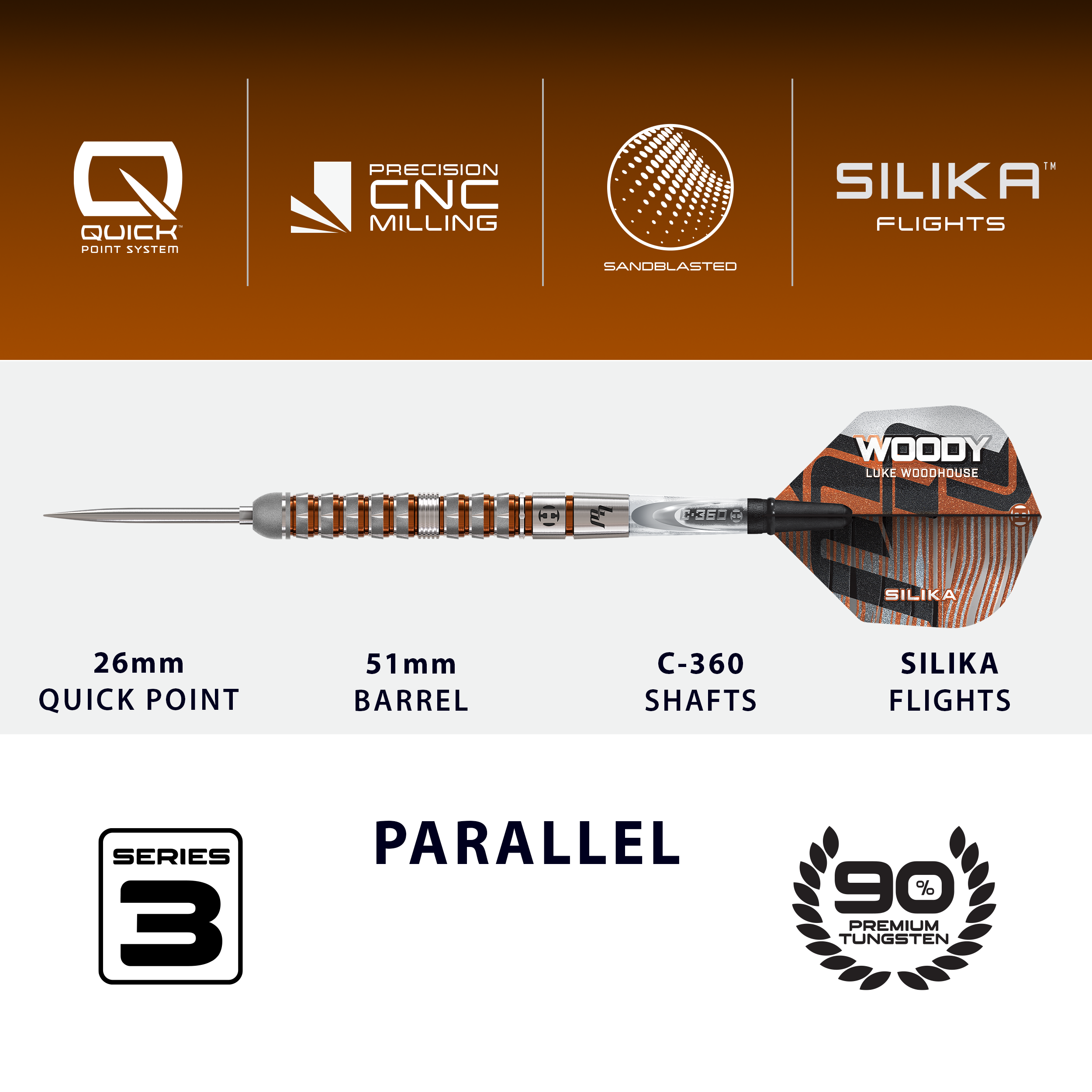 Harrows Luke Woodhouse Series 3 Quick Point Steeldarts wird dargestellt. Das Produktbild zeigt Steeldarts aus der dritten Serie.