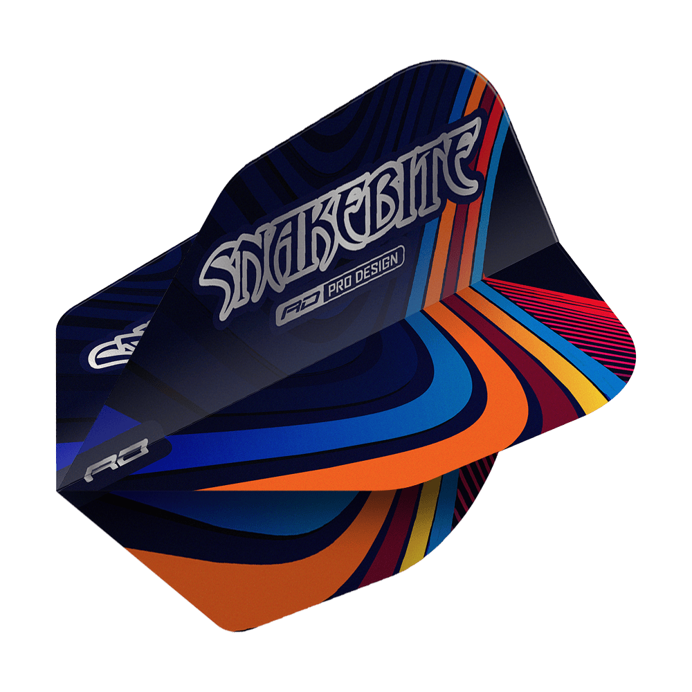 Das Bild zeigt ein Dartflight mit dem Namen "Red Dragon Peter Wright Snakebite Multi Swirl No6 Flights". Das Flight-Design ist bunt mit geschwungenen Linien in Blau, Orange, Rot und Gelb, und trägt die Aufschrift "Snakebite".