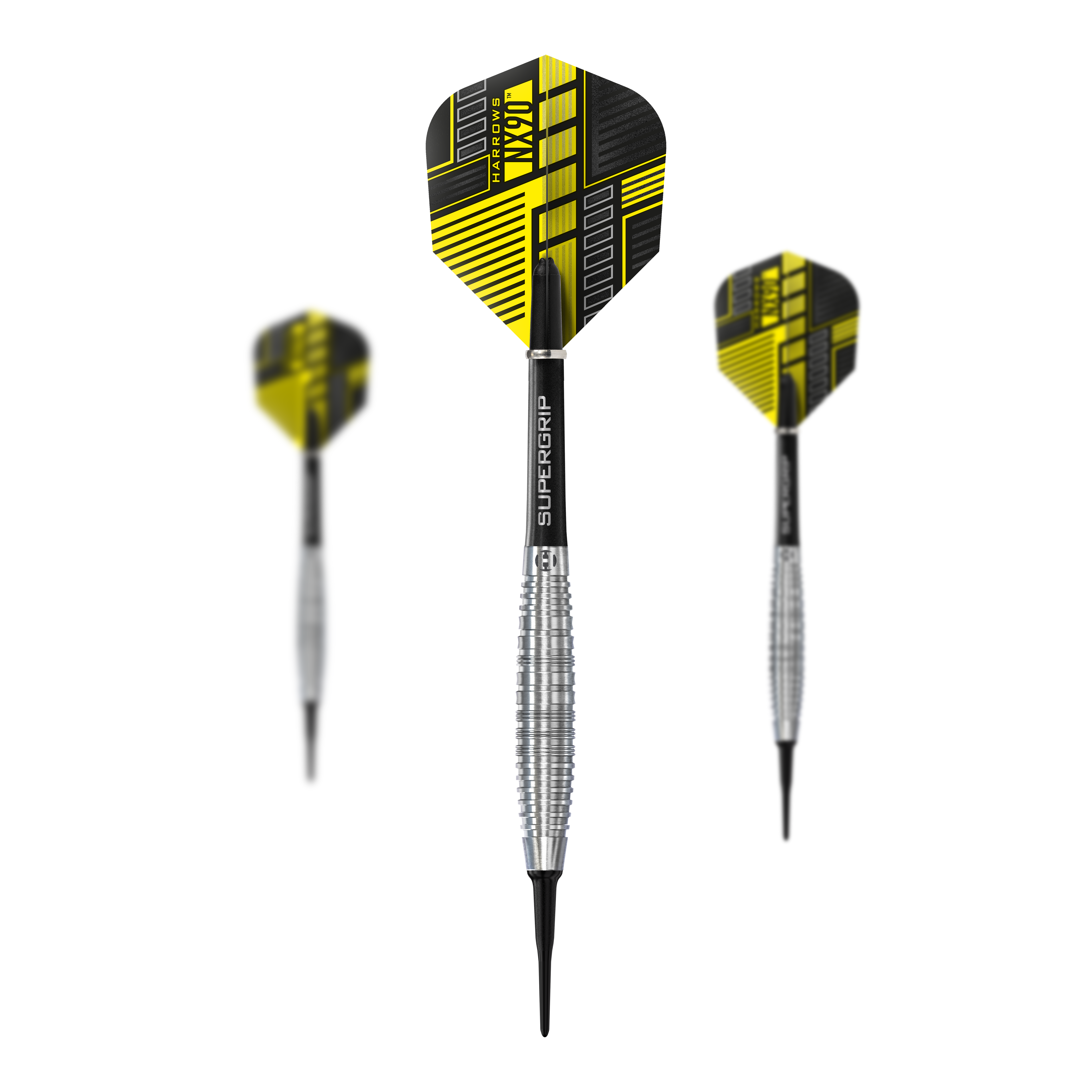 Harrows NX90 Bomb Soft Darts Das Bild zeigt drei Harrows NX90 Bomb Softdarts mit schwarz-gelben Flights. Die Darts haben silberne, geriffelte Griffe und Spitzen aus Kunststoff.