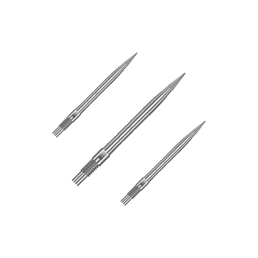 Eine Verpackung mit mehreren Harrows Quick Point MicroRidge Dartspitzen in Silber mit 26 mm Länge ist abgebildet. Die Dartspitzen sind zur besseren Ansicht gruppiert.