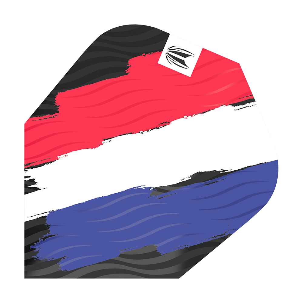 Das Bild zeigt ein Dart-Flight mit den Farben der niederländischen Flagge in einem Pinselstrich-Design. Oben rechts befindet sich ein kleines weißes Quadrat mit einem schwarzen Logo.