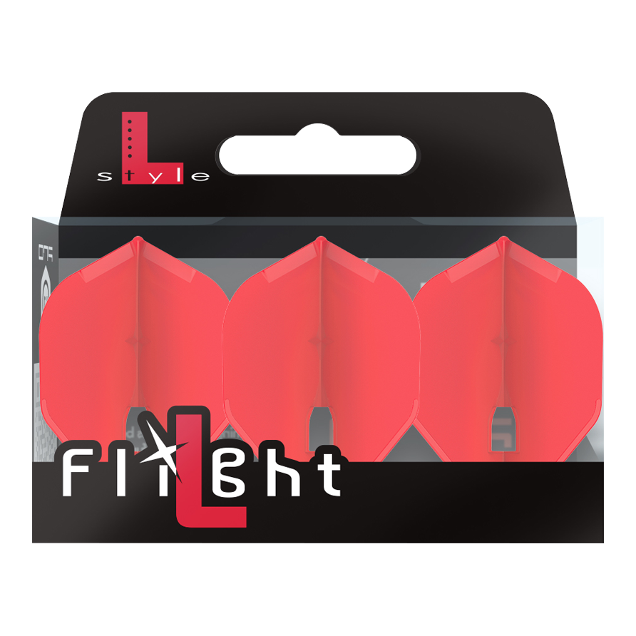 L-Style Flights Szampan - L1PRO Standard Auf dem Bild ist eine Verpackung mit drei roten Dartflights zu sehen. Die Marke „L-Style“ und der Schriftzug „Flight“ stehen auf der Vorderseite der Packung.