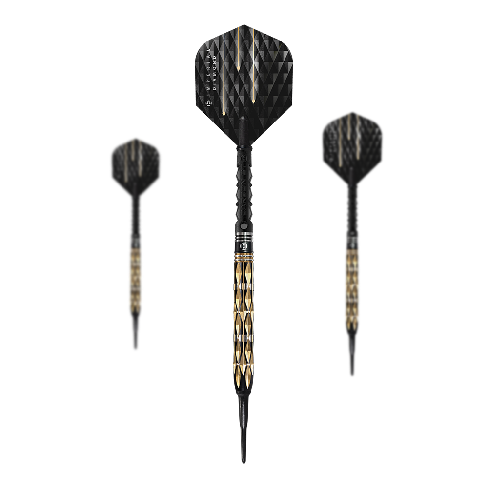 Harrows Imperial Diamond Softdarts Das Bild zeigt drei Harrows Imperial Diamond Softdarts mit schwarzem und goldfarbenem Design. Die Darts haben eine strukturierte Oberfläche und schwarze Flights.