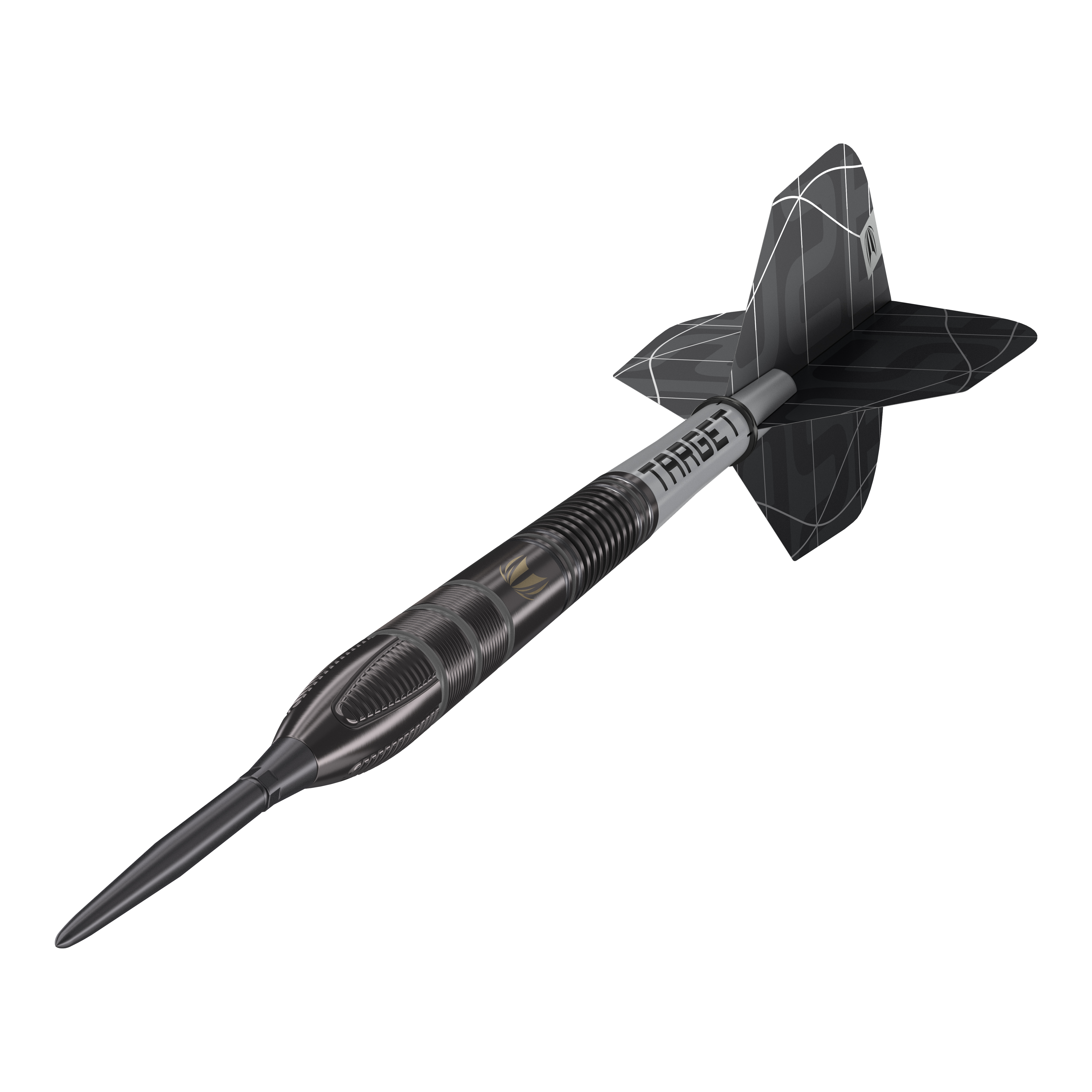 Stalowe lotki Target Nathan Aspinall X Echo Swiss Point Das Bild zeigt einen Target Nathan Aspinall X Echo Swiss Point Steeldart. Der Dartpfeil ist schwarz-silbern und hat ein modernes, auffälliges Design.