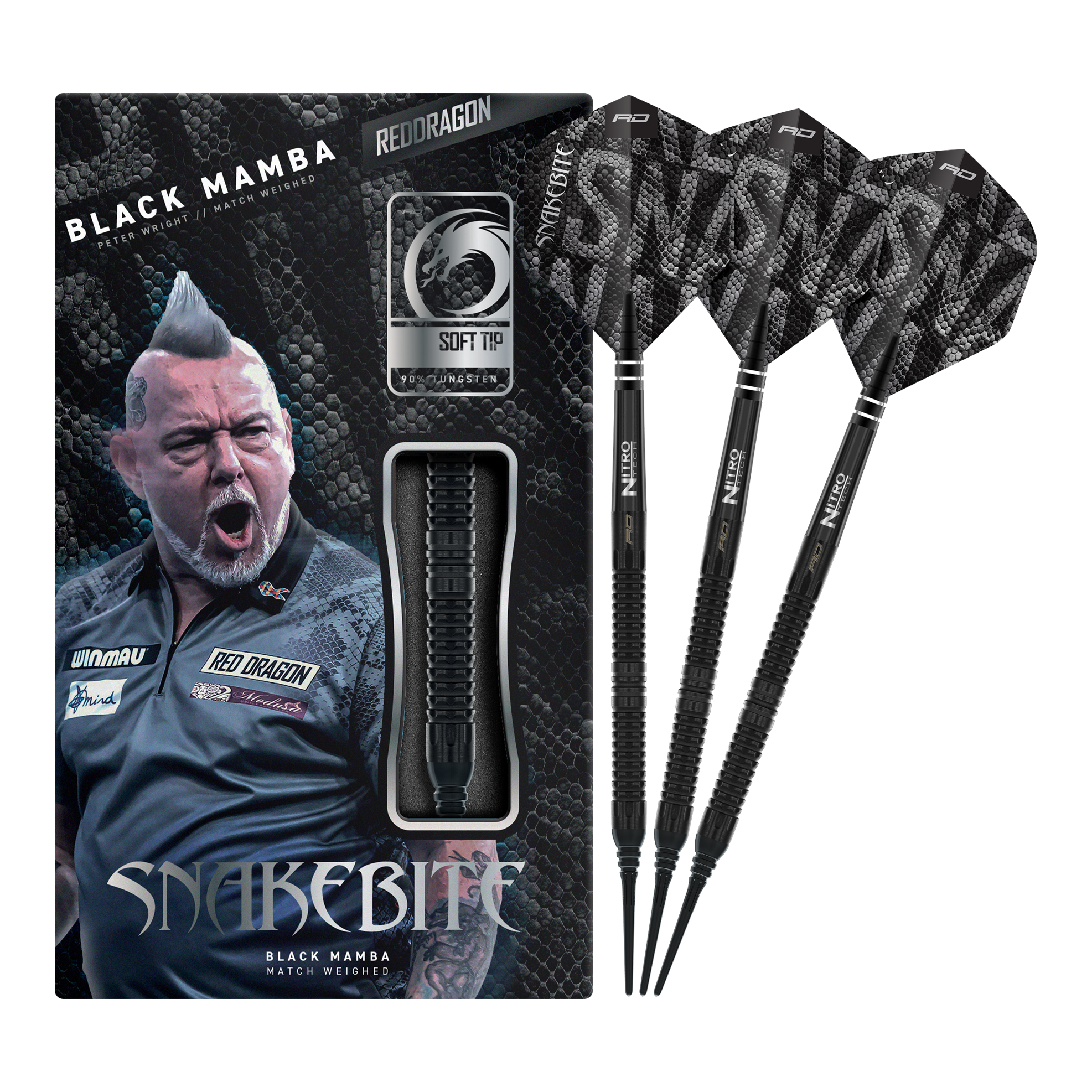 Auf dem Bild ist der Red Dragon Peter Wright Snakebite Black Mamba Softdart mit 20g zu sehen. Er überzeugt durch seine professionelle Verarbeitung und sein elegantes Aussehen.