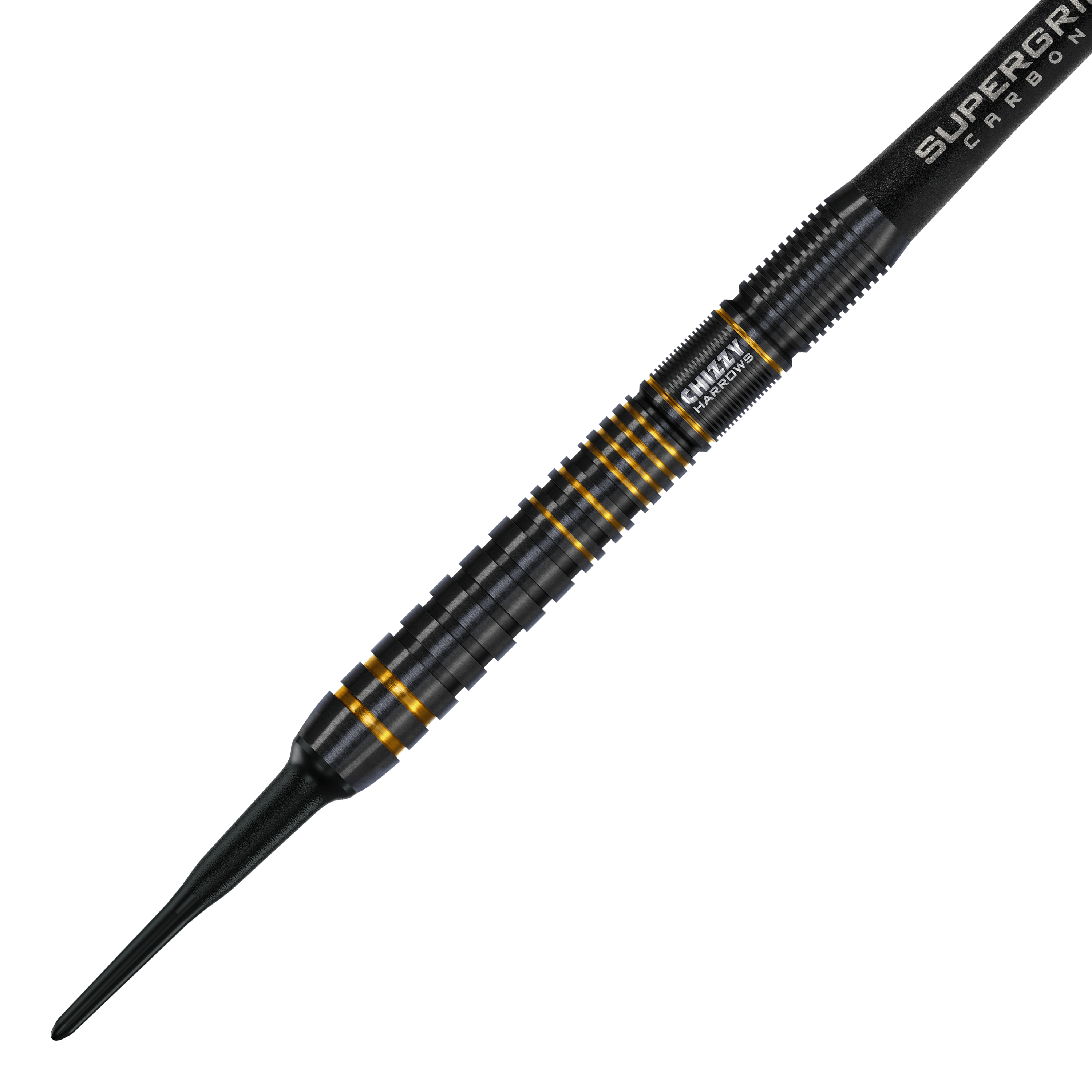 Miękkie lotki Harrow's Dave Chisnall Chizzy Series 3 Das Bild zeigt einen Harrows Dave Chisnall Chizzy Series 3 Softdart. Der Dartpfeil ist schwarz mit goldenen Akzenten und hat ein geriffeltes Griffdesign.