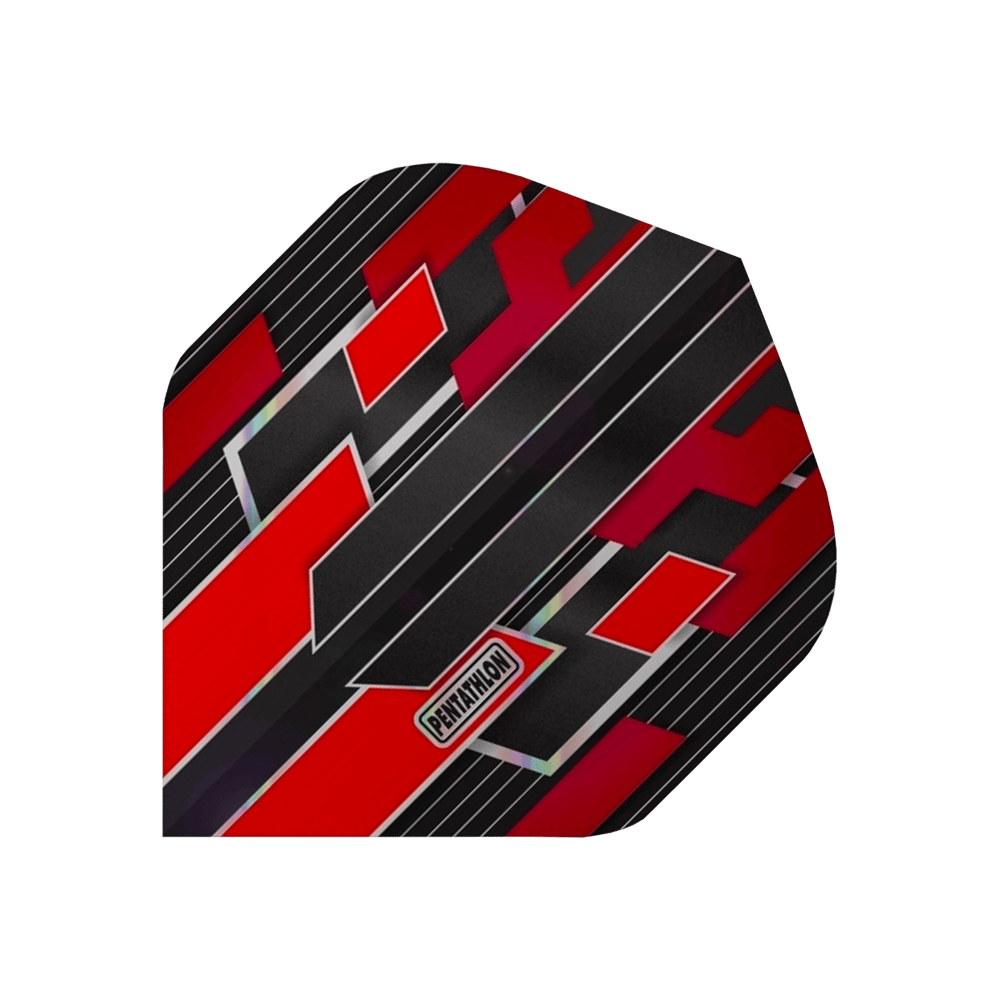 P38_Pentathlon_Gilded_Standard_Flights_Rot_1 Das Bild zeigt das Pentathlon Gilded Standard Flight in Rot. Das Design besteht aus roten, schwarzen und silbernen geometrischen Mustern mit dem Pentathlon-Logo in der Mitte.