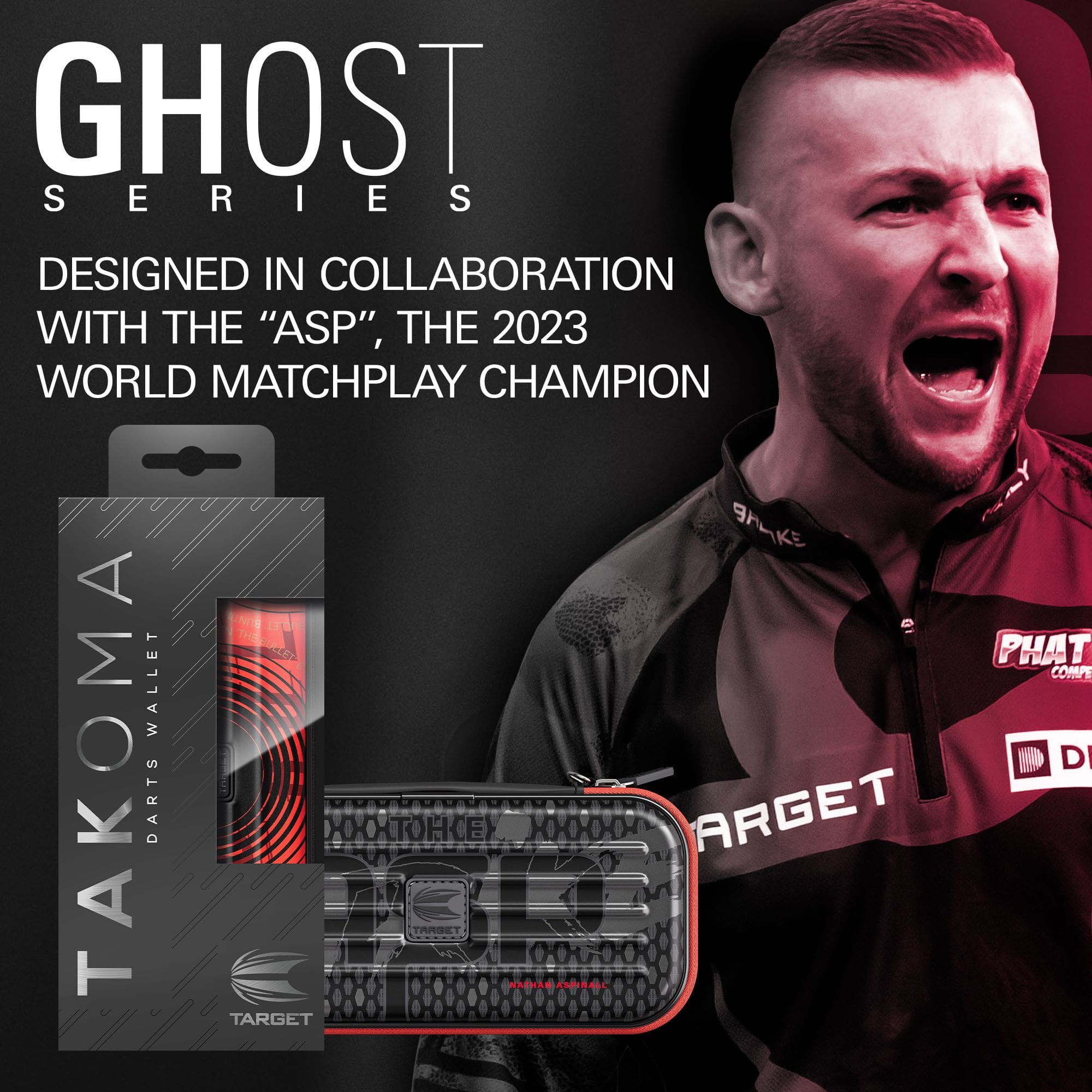 Etui na lotki Takoma Ghost Series Nathan Aspinall Zu sehen ist das Takoma Ghost Series Nathan Aspinall Dartcase. Es dient zum sicheren Transport und zur Aufbewahrung von Dartpfeilen.