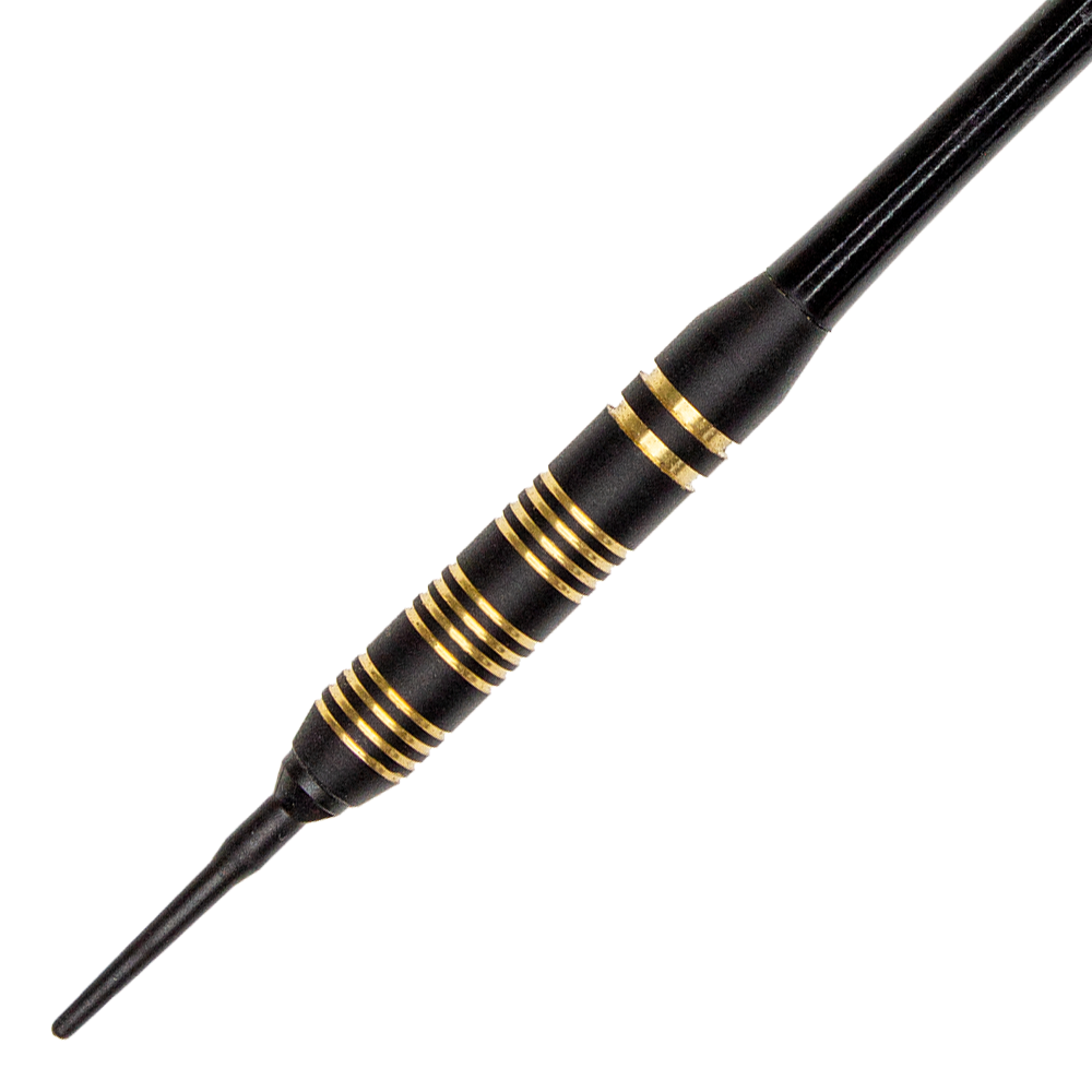 SO20-5_Royal_Softdarts_2 Das Bild zeigt einen Royal Softdart mit einem Gewicht von 17g. Der Dart ist schwarz mit goldenen Ringen verziert.