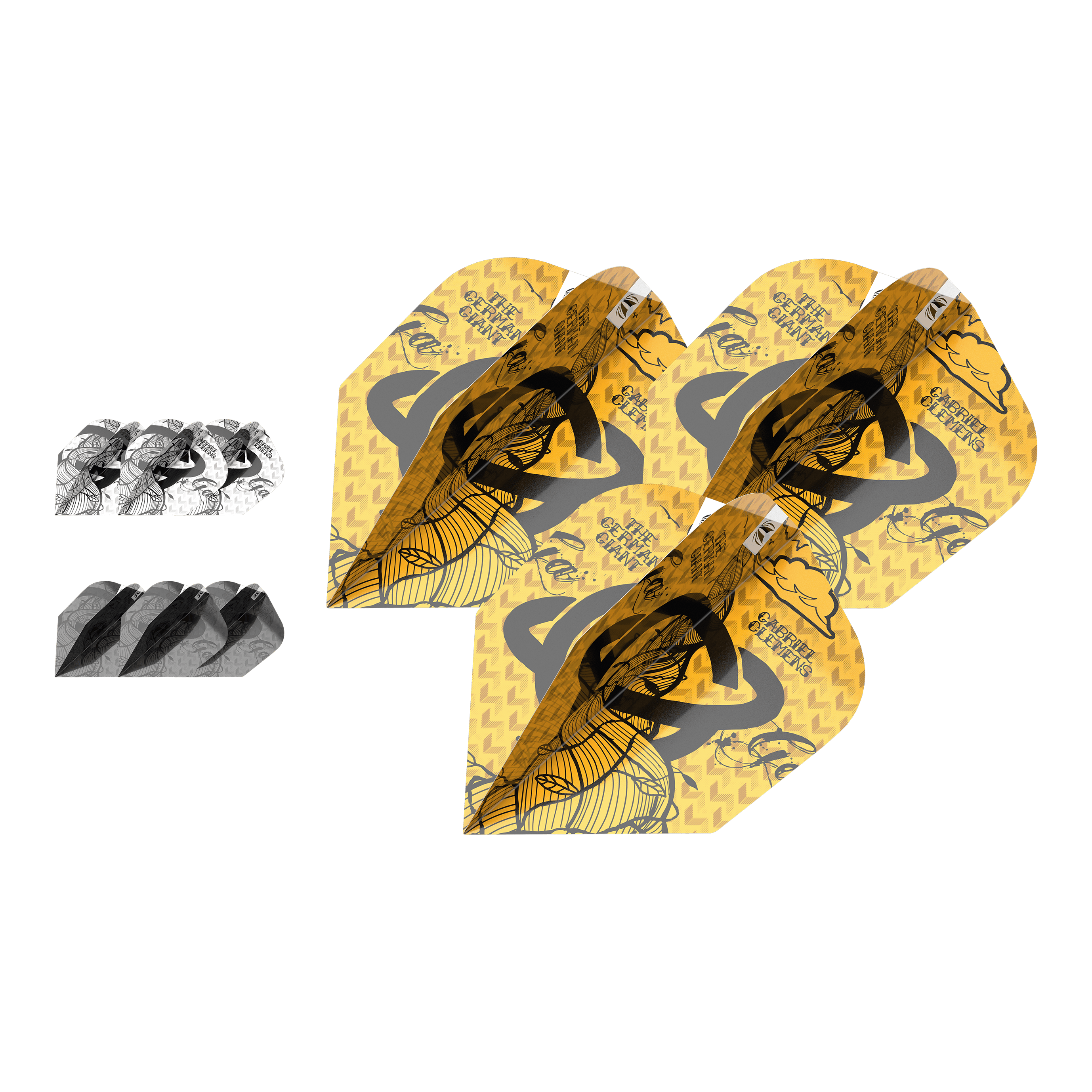 Target Ink Bundle 3 zestawy lotów Gabriela Clemensa nr 6 Das Bild zeigt drei Sets Dart-Flights aus dem "Target Ink Bundle 3 Sets Gabriel Clemens No6 Flights". Zwei Sets sind in Schwarz-Weiß und ein Set ist gelb mit einem besonderen Design.