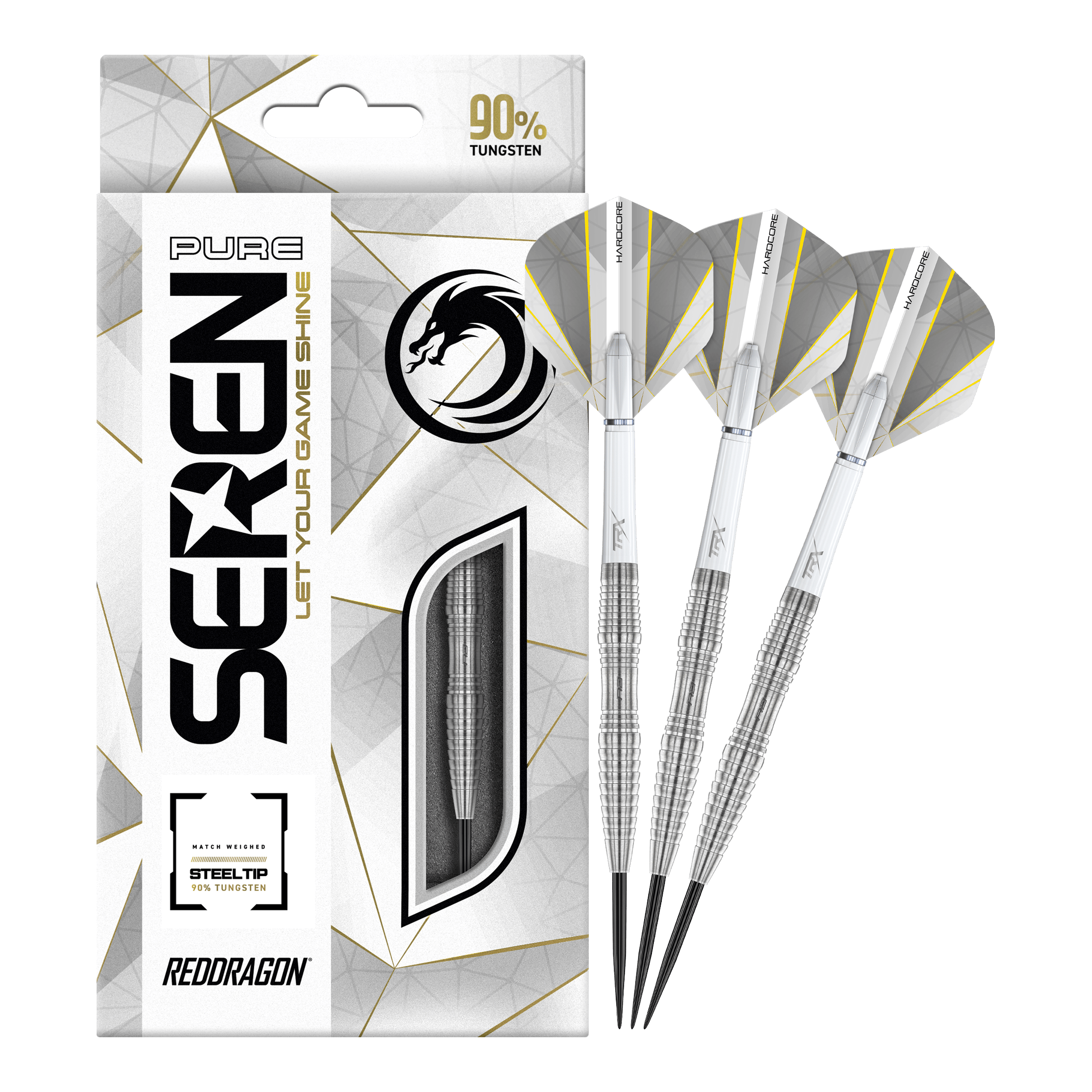 Red Dragon Seren 3 Czyste Steeldarts Auf dem Bild sind die "Red Dragon Seren 3 Pure Steeldarts" zu sehen. Die Verpackung und drei silberne Steeldarts mit weißen Flights sind abgebildet.