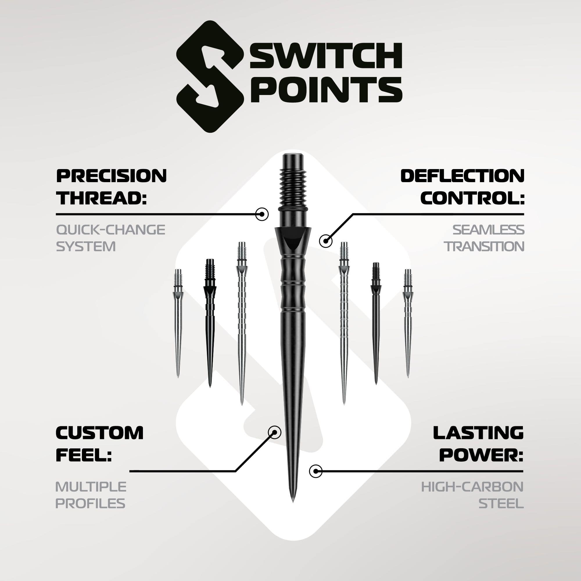 Abgebildet sind die Winmau Switch Point Smooth Steeldartspitzen - Silver Effect. Die Dartspitzen sind silberfarben und haben eine glatte Oberfläche.