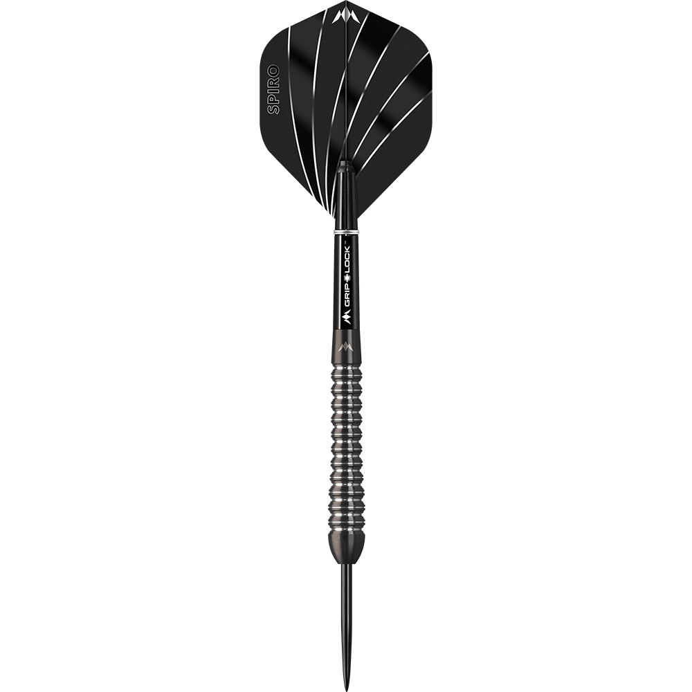 Dies ist ein Mission Spiro Model 2 Steeldart mit einem Gewicht von 22 Gramm. Der Dart hat ein modernes Design mit schwarzen und silbernen Akzenten.