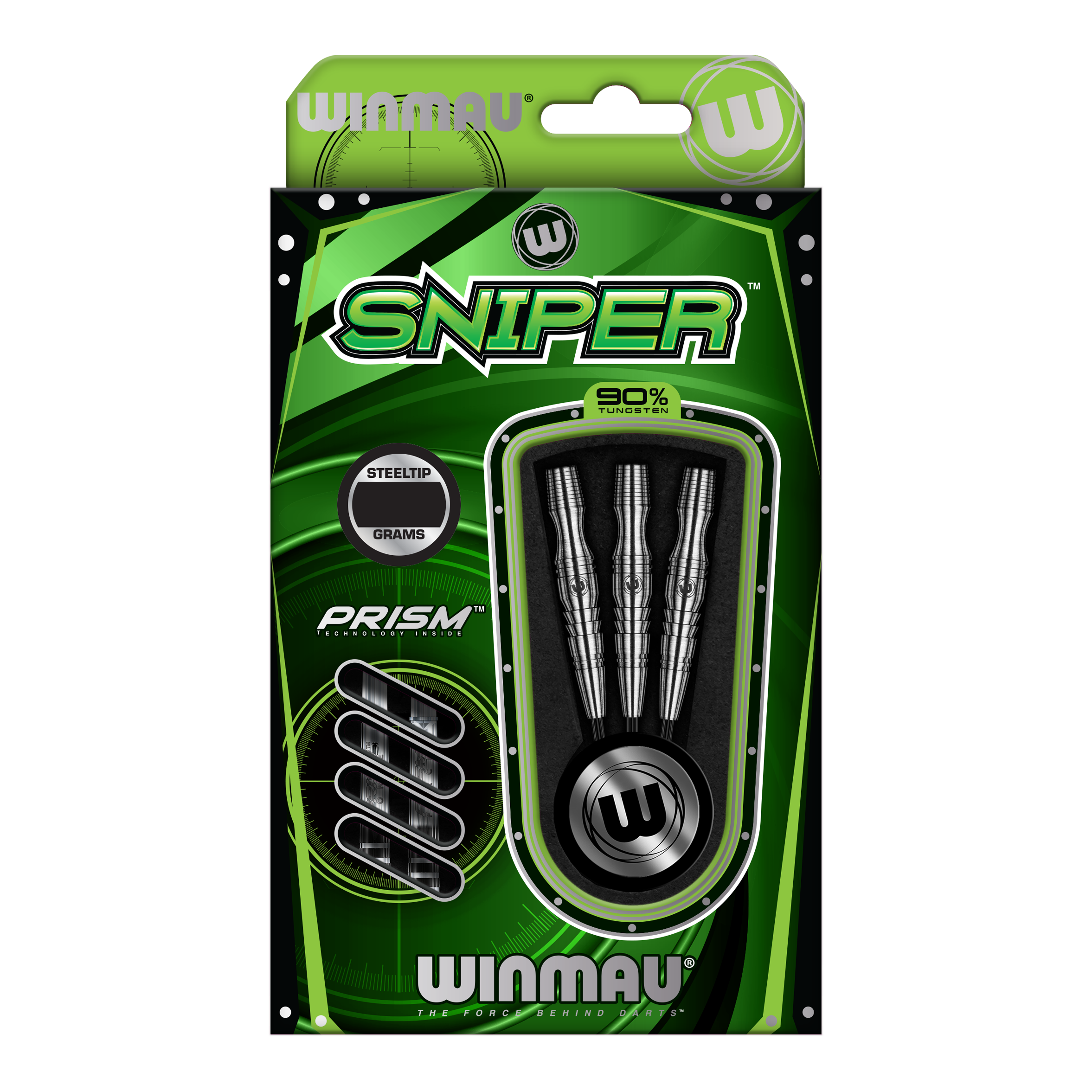 Winmau Sniper V3 Steeldarts Die Verpackung zeigt die Winmau Sniper V3 Steeldarts mit einem auffälligen grünen Design. In der Packung sind drei Dartpfeile aus 90% Tungsten enthalten.
