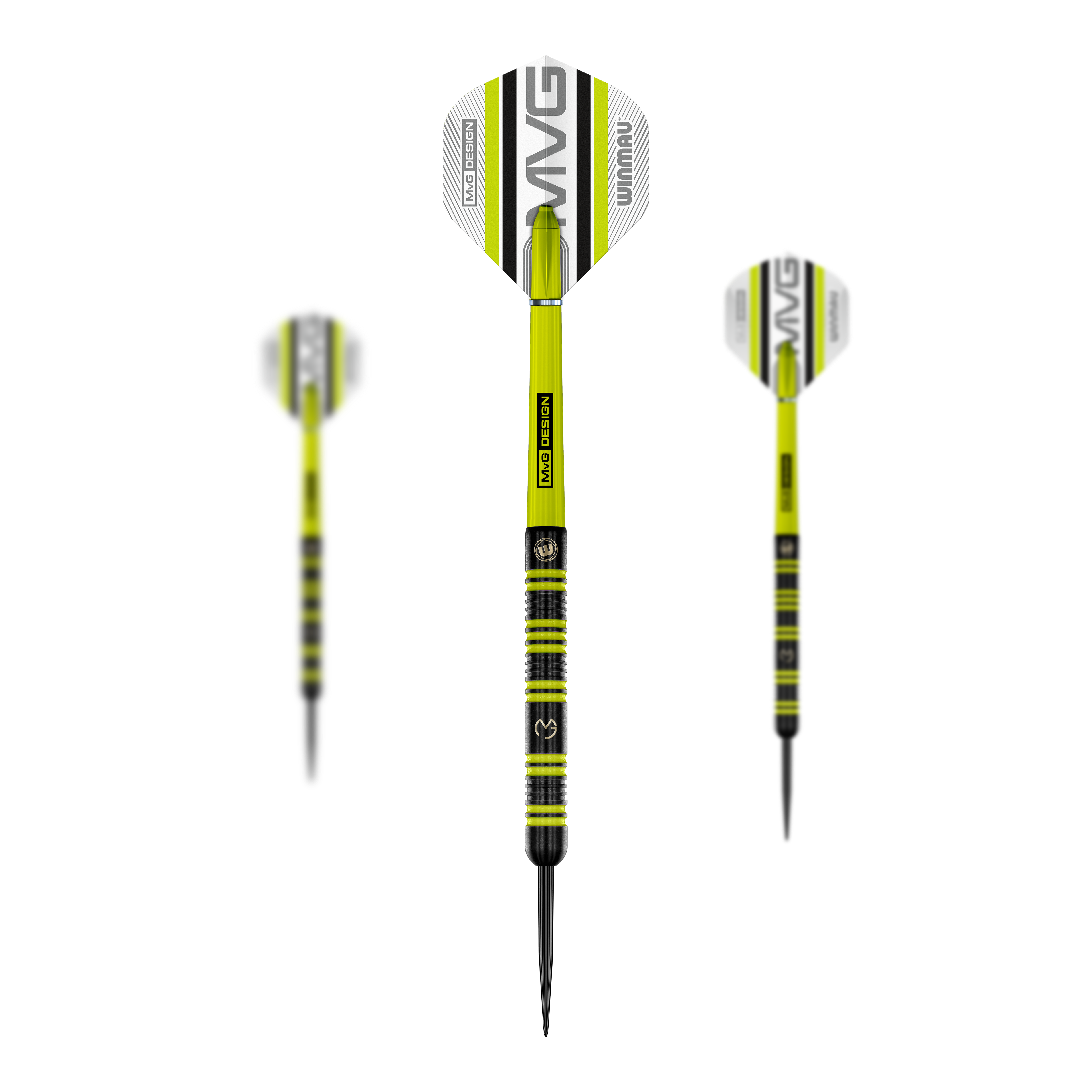 Stalowe rzutki Winmau Michael Van Gerwen 85 Pro-Series Das Bild zeigt drei Winmau Michael Van Gerwen 85 Pro-Series Steeldarts. Die Darts sind schwarz-gelb gestaltet und haben Flights mit dem Schriftzug "MVG" und "Winmau".