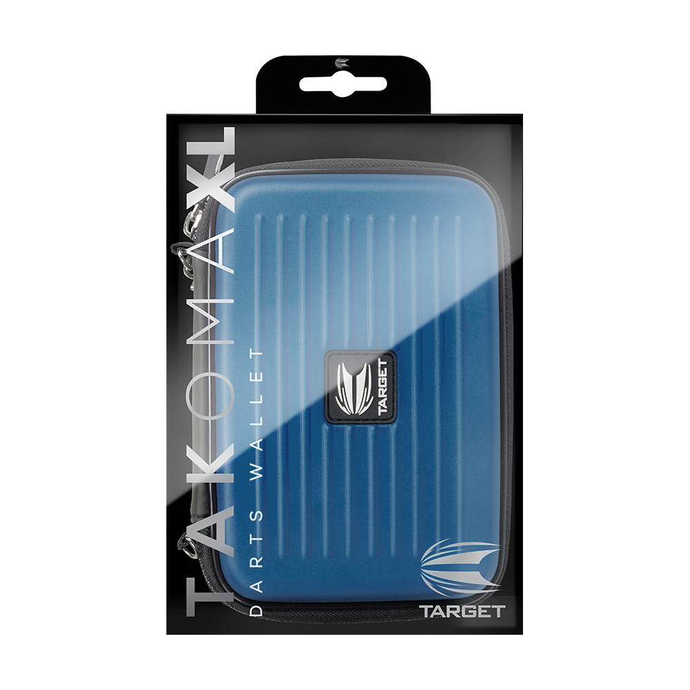 Das Bild zeigt das Produkt "Target Takoma XL Dartwallet" in einer Verpackung. Das Dartwallet ist blau und hat ein modernes Design mit Rillen auf der Oberfläche.