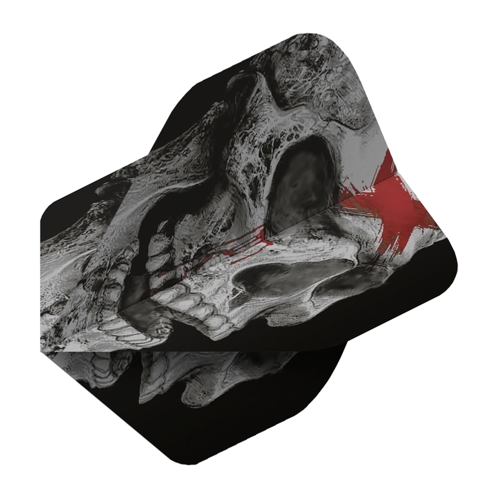 ALC20_Alchemy_Bring_Out_Your_Dead_Standard_Flights_2 Das Bild zeigt einen Dartflight mit einem detaillierten Totenkopf-Design. Auf dem Flight ist außerdem ein roter, sternförmiger Fleck zu sehen.