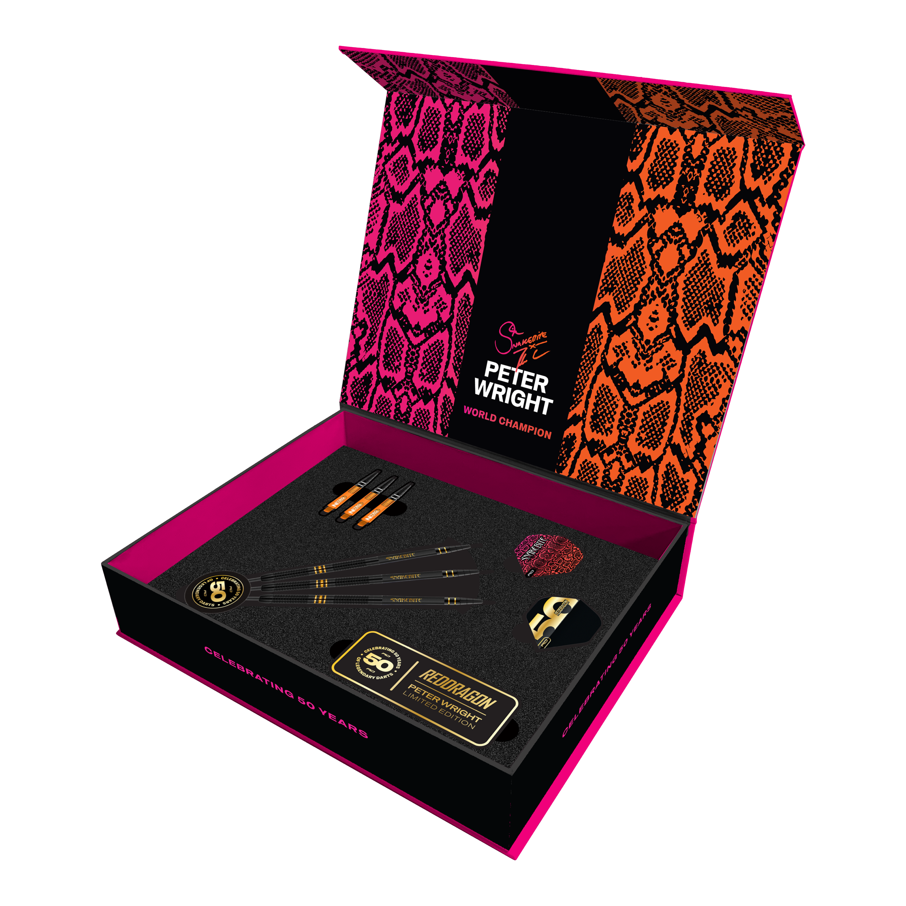 Red Dragon Peter Wright 50 Years Player Limited Edition Steeldarts - 21g. Abgebildet ist ein limitierter Dartpfeil speziell für das Jubiläum von Peter Wright.