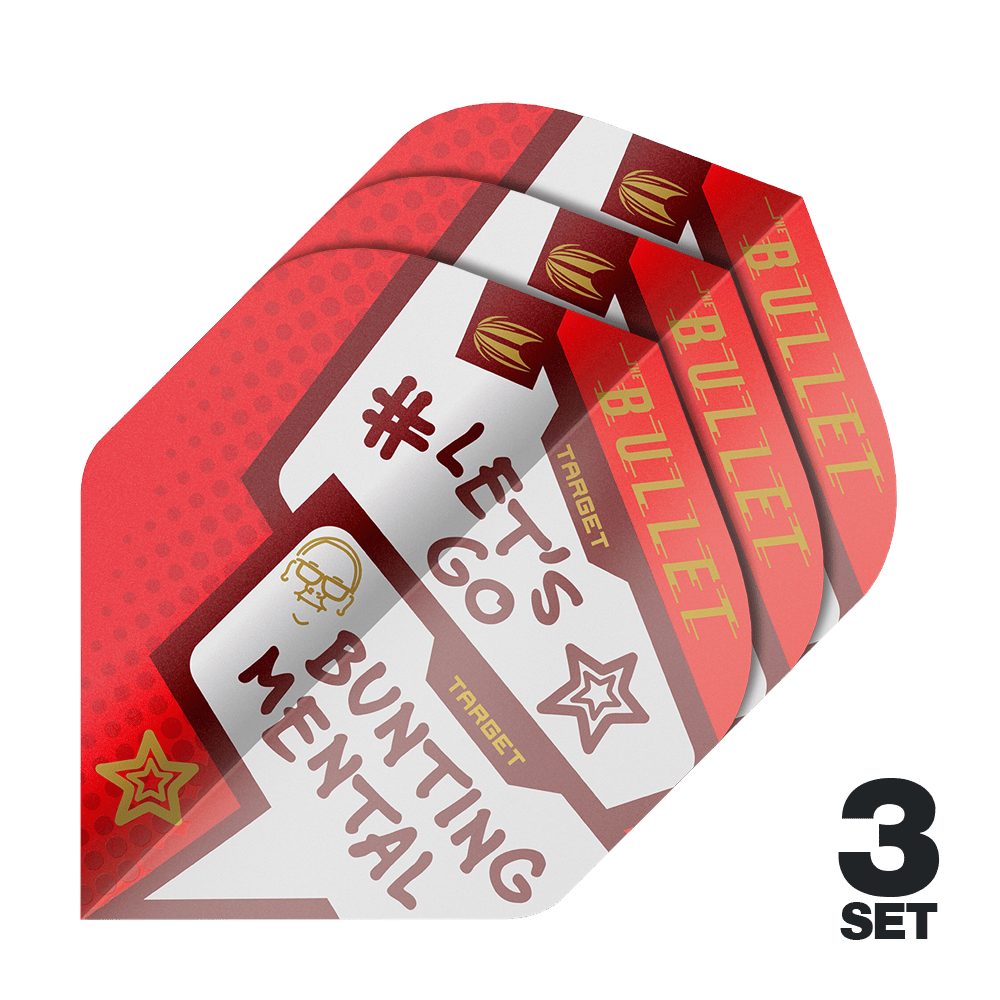 Target Pro Ultra Stephen Bunting Mental No2 Standard Flights - 3 Sets Das Bild zeigt drei Sätze der Target Pro Ultra Stephen Bunting Mental No2 Standard Flights für Darts. Die Flights sind rot-weiß gestaltet und tragen Aufschriften wie "#LET'S GO BUNTING MENTAL" und "BULLET".