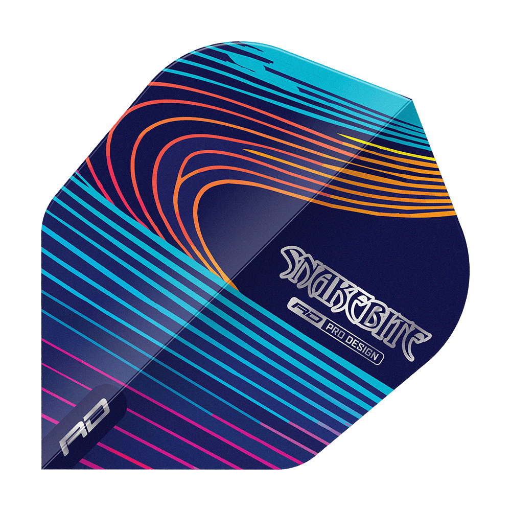 Red Dragon Peter Wright Snakebite Multi No6 Flights Das Bild zeigt einen bunten Dartflight mit geschwungenen Linien in Blau, Lila, Orange und Gelb. Auf dem Flight steht der Schriftzug "Snakebite" sowie "RD Pro Design".