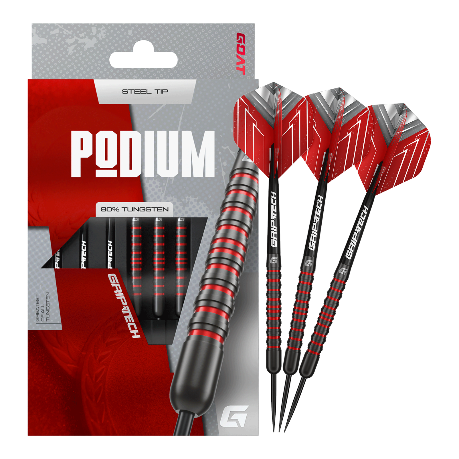 Das Bild zeigt die GOAT Podium Black Steeldarts. Dies sind hochwertige schwarze Steeldarts für den professionellen Einsatz.