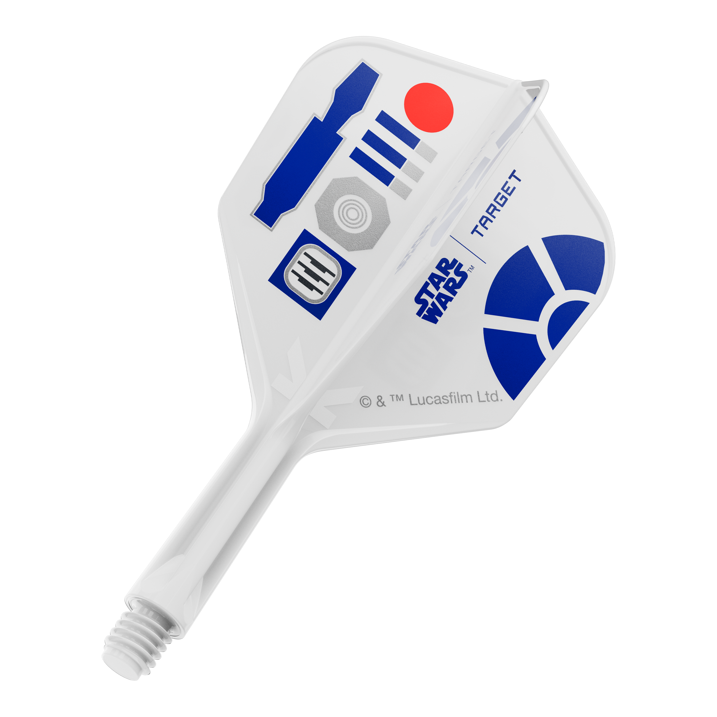 Target Star Wars K-Flex R2D2 No6 Flights Das Bild zeigt Dart-Flights mit einem R2D2 Motiv und der Bezeichnung 410510_Target_StarWars_KFlex_R2D2_No6_Flights_Short_19mm_1. Es handelt sich um kurze Dart-Flights im Star Wars Stil.