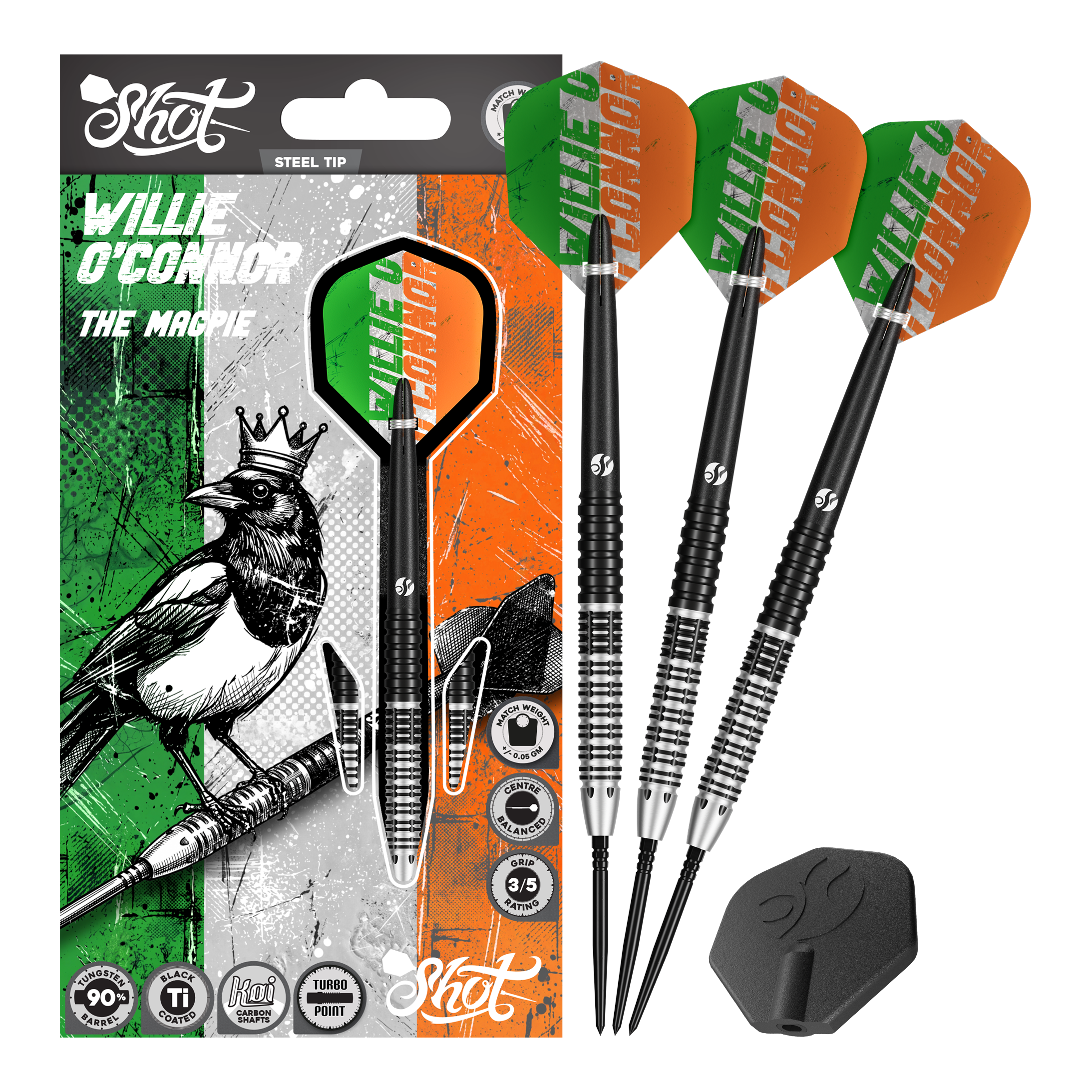 Shot Pro Series Willie O'Connor Magpie Turbo Point Steeldarts Das Bild zeigt mehrere Dartpfeile in einer seitlichen Ansicht. Die Pfeile sind ordentlich angeordnet.