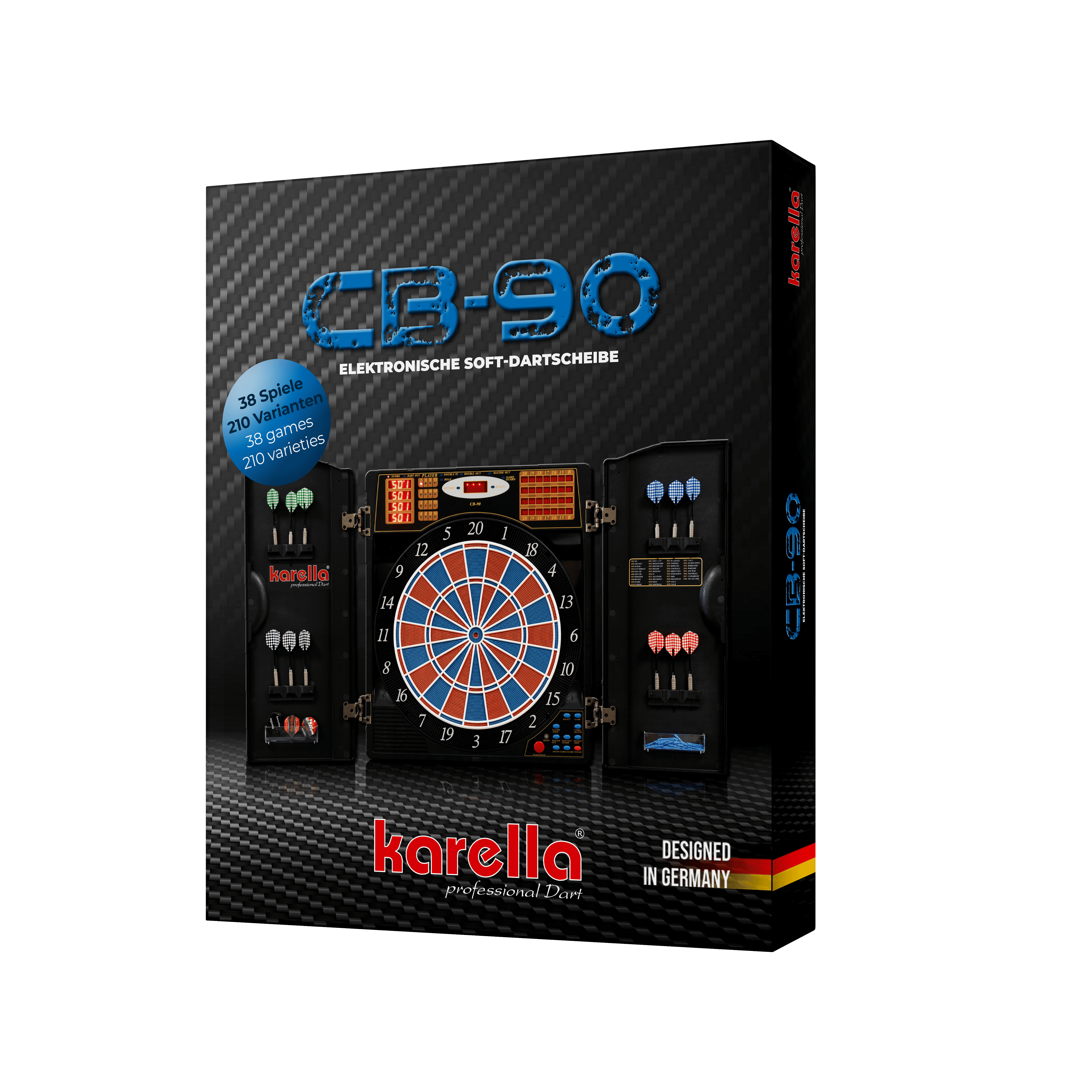 Elektroniczna tarcza do darta CB 90 wersja turniejowa Auf dem Bild ist die Verpackung einer elektronischen Dartscheibe "CB 90 Turnierausführung" von Karella zu sehen. Die Dartscheibe bietet 38 Spiele mit 210 Varianten und ist "Designed in Germany".