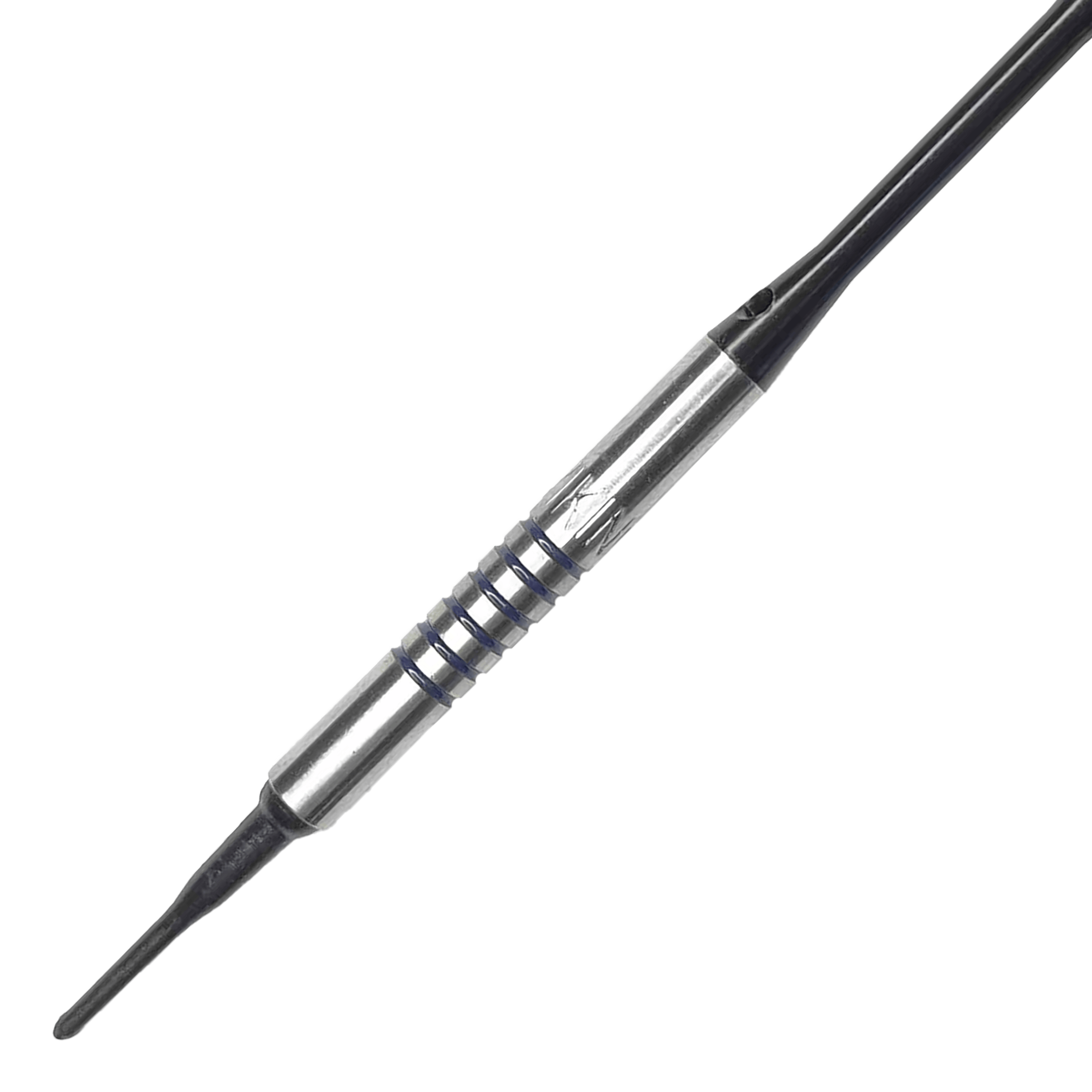 Lotki miękkie McDart 85 Tungsten V19 - 16,5 g Dies ist ein McDart 85er Tungsten V19 Softdart mit einem Gewicht von 16,5g. Der Dart hat einen silbernen Barrel mit schwarzen Rillen und einer schwarzen Spitze.