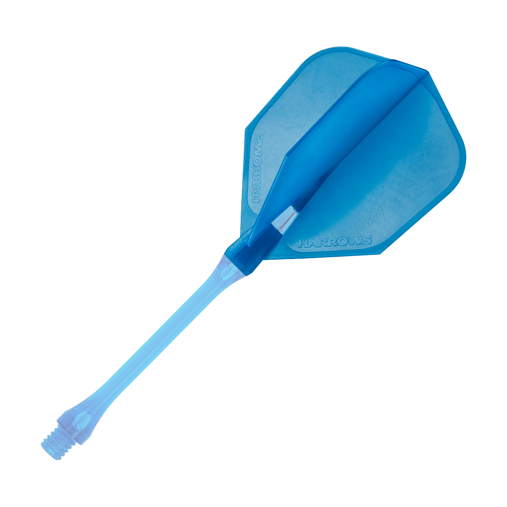HRC-160_Harrows_Clic_Standard_Flight_Aqua_2 Das Bild zeigt ein blaues Dart-Flight mit Schaft der Marke Harrows. Es handelt sich um das Modell "Clic Standard Flights - Aqua".