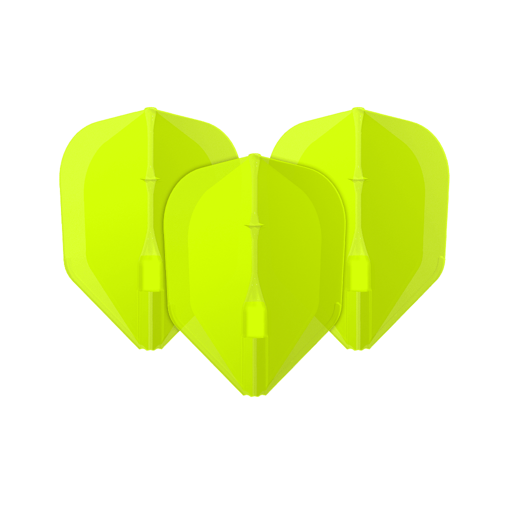 Loty L-L-Style3EZ Das Bild zeigt drei neon-gelbe Dartflights. Sie stehen nebeneinander und haben eine klassische Pfeilform.