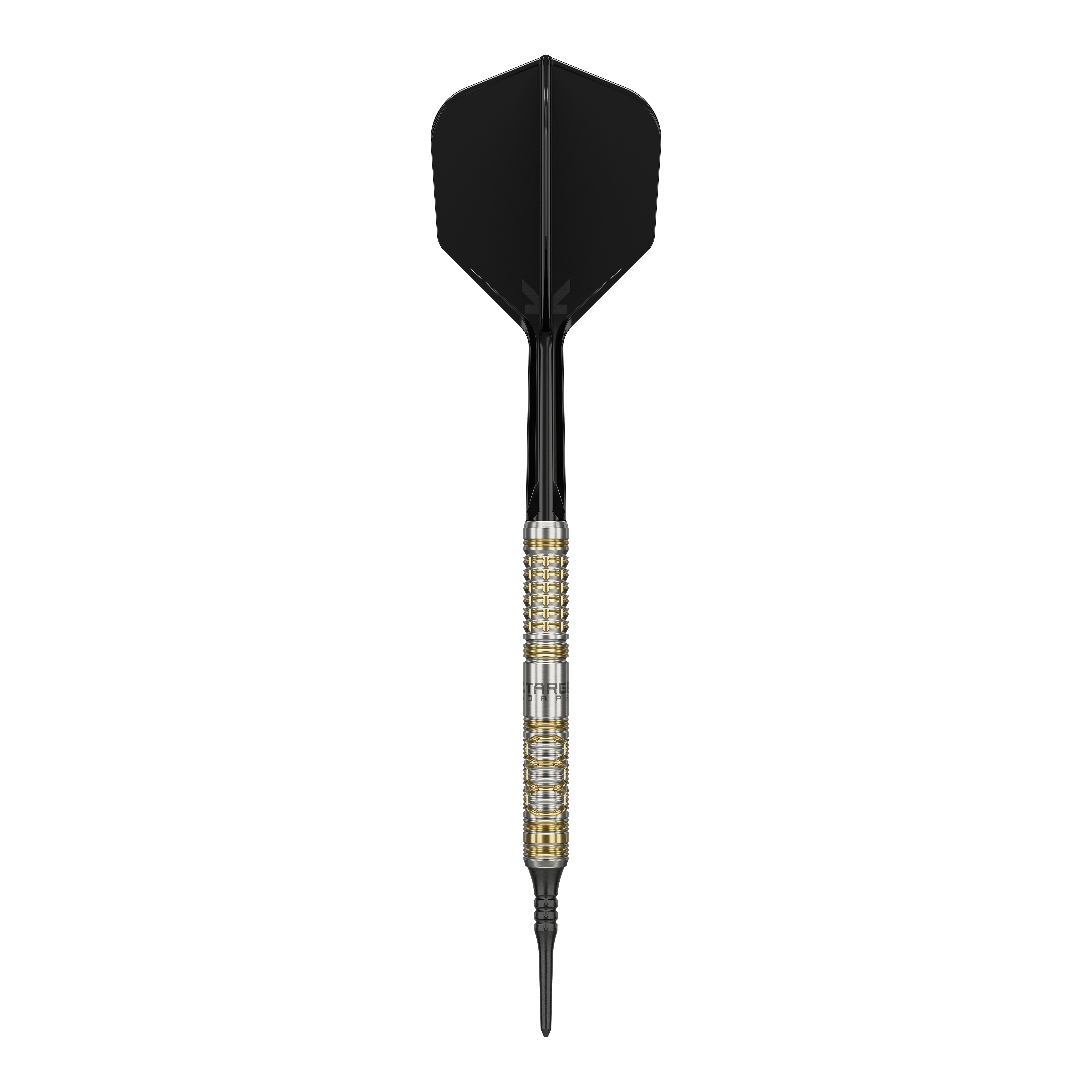 Target Japan Black Marque Reyn GEN2 Soft Darts - 17,5 g Auf dem Bild ist ein Softdartpfeil des Modells "Target Japan Black Marque Reyn GEN2 Softdarts - 17,5g" zu sehen. Er hat eine silberne und goldene Griffzone sowie schwarze Flights und Spitze.