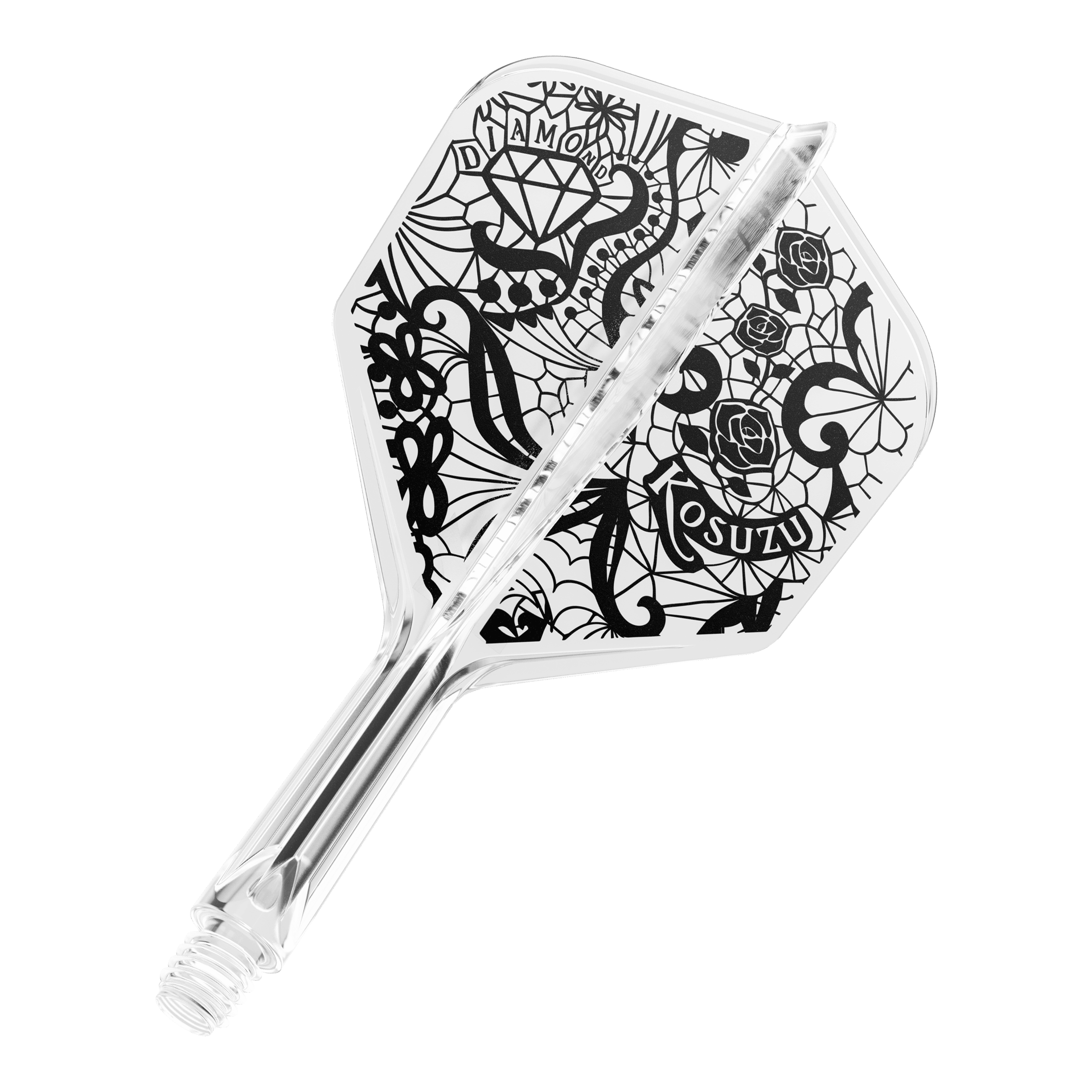 System wału lotniczego Target Japan K-Flex Diamond No6 Dies ist ein klarer Dartflight mit einem schwarzen, kunstvollen Design, das Rosen, ein Diamant und Netzmuster zeigt. Das System ist einteilig und hat ein Schraubgewinde am Ende.
