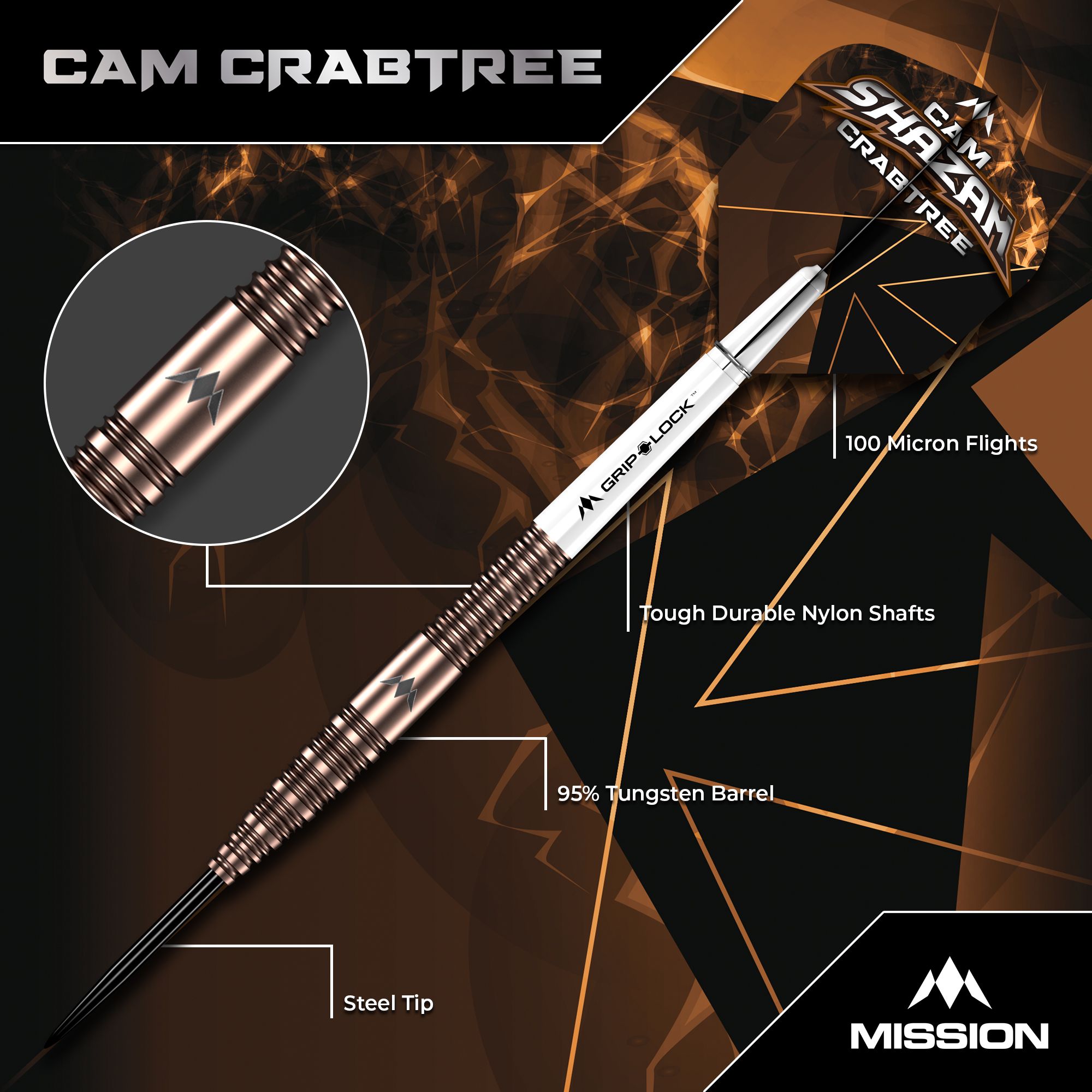Lotki Mission Cam Crabtree V2 ze stali wolframowej 95% Das Bild zeigt die Mission Cam Crabtree V2 Steeldarts, Modell 1. Zu sehen ist ein Detailfoto eines einzelnen Steeldarts.