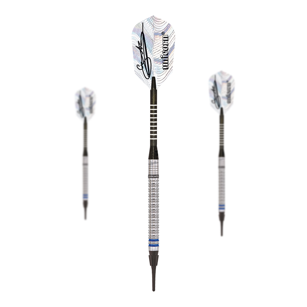 Mistrz Świata Jednorożców Natural Phase 3 Gary Anderson Soft Darts - 18g Das Bild zeigt drei Unicorn World Champion Natural Phase 3 Gary Anderson Softdarts mit einem Gewicht von 18g. Die Darts haben silberne Griffe und weiße Flights mit einer Unterschrift und dem Unicorn-Logo.