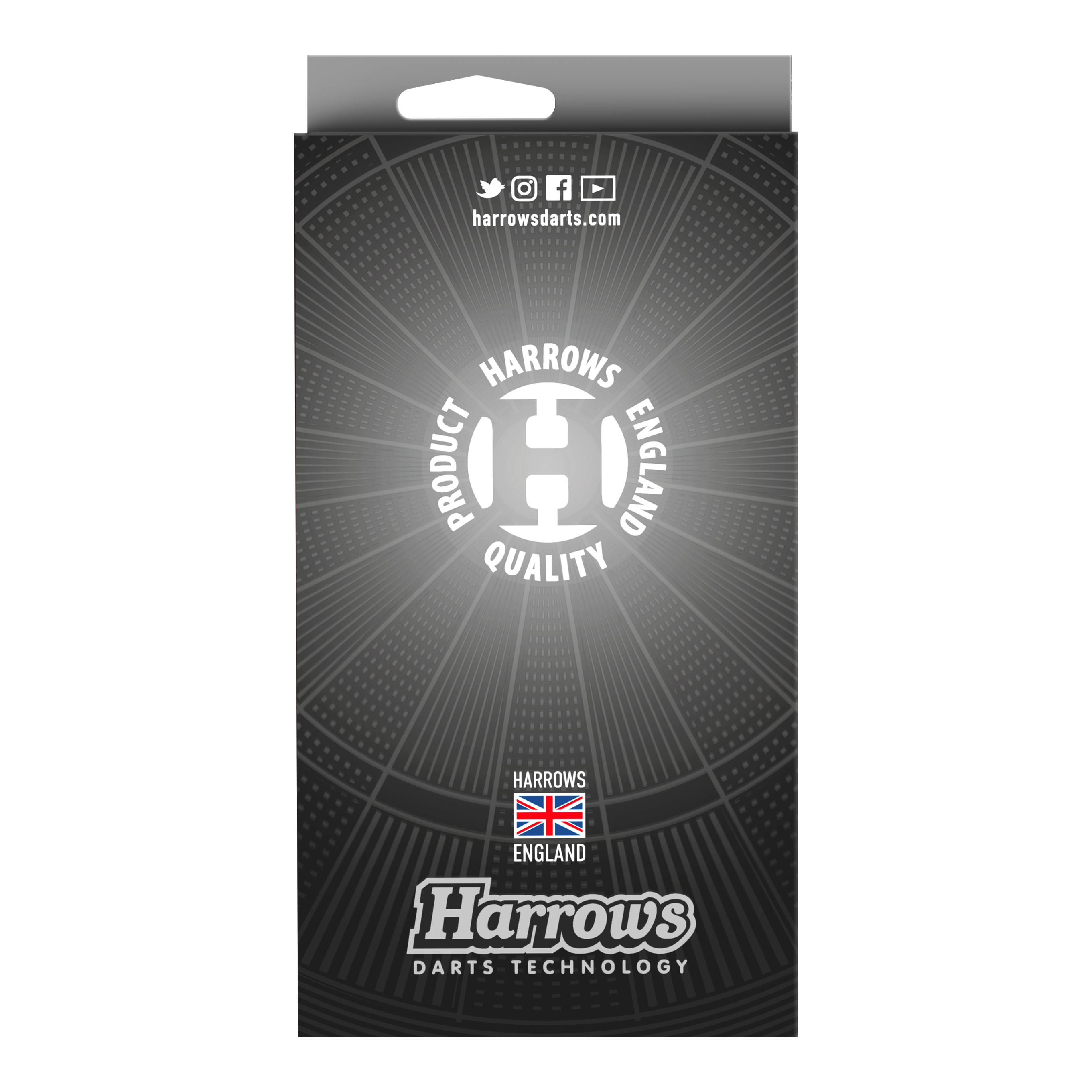 Die Abbildung zeigt die Verpackung der Harrows Siege Steeldarts. Die Vorderseite ist schwarz-grau gestaltet und trägt das Harrows-Logo sowie den Hinweis auf Qualität und Herkunft aus England.