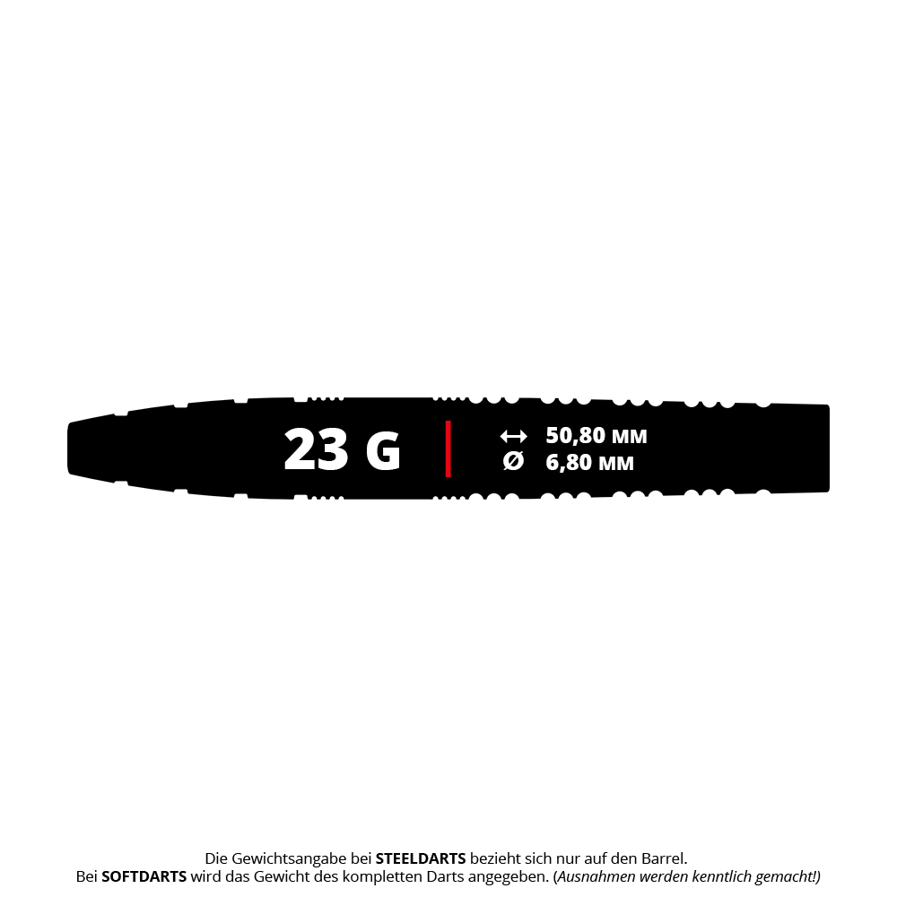 Target Jeffrey De Graaf GEN1 Swiss Point Steeldarts - 23g Das Bild zeigt den Target Jeffrey De Graaf GEN1 Swiss Point Steeldart mit einem Gewicht von 23 Gramm. Die Länge des Barrels beträgt 50,80 mm und der Durchmesser 6,80 mm.