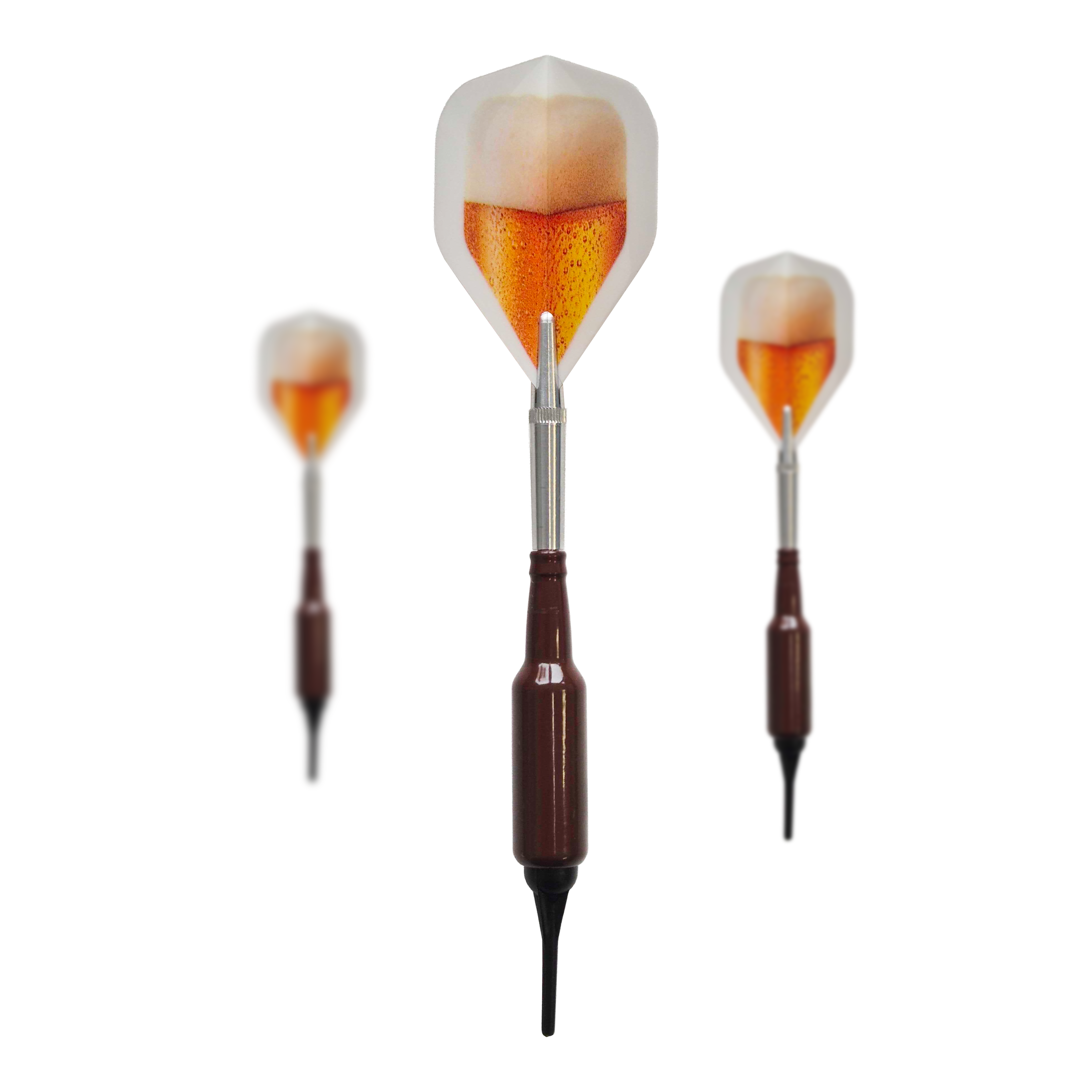 Abgebildet ist ein Set McDart Prost Bierflaschen Softdarts mit 100 Softdartspitzen, 16,5 g. Diese Softdarts haben die Form einer Bierflasche und eignen sich ideal als Geschenk.