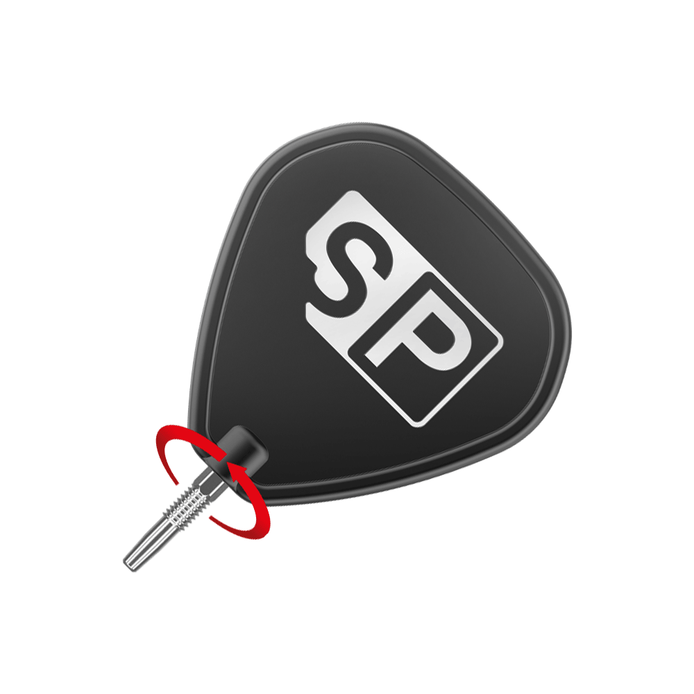 Celuj w szwajcarskie końcówki do rzutek Firepoint Silver Das Bild zeigt eine schwarze Dartspitze mit der Aufschrift "SP" in Weiß. Neben der Spitze befindet sich ein roter Pfeil, der eine Drehbewegung anzeigt.