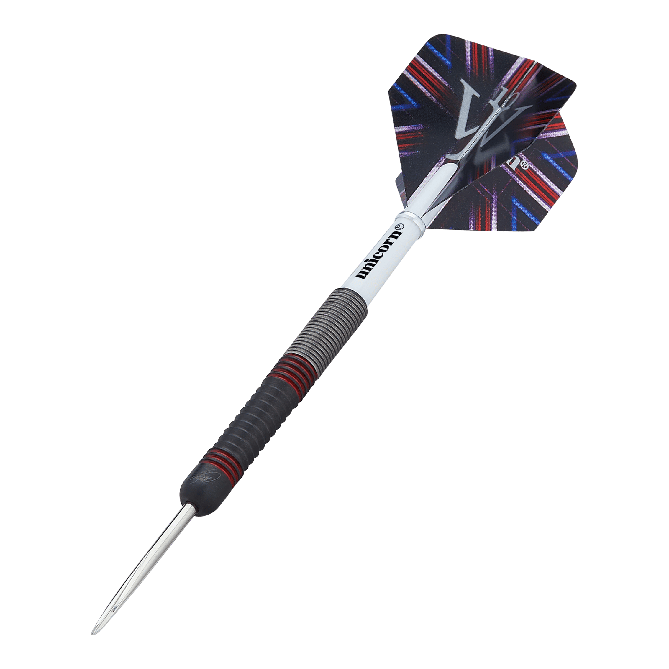 Unicorn The Machine James Wade 80% stalowe rzutki Das Bild zeigt einen Steeldart namens "Unicorn The Machine James Wade 80%". Der Dart hat ein schwarz-rotes Griffstück und ein auffälliges Flight-Design.