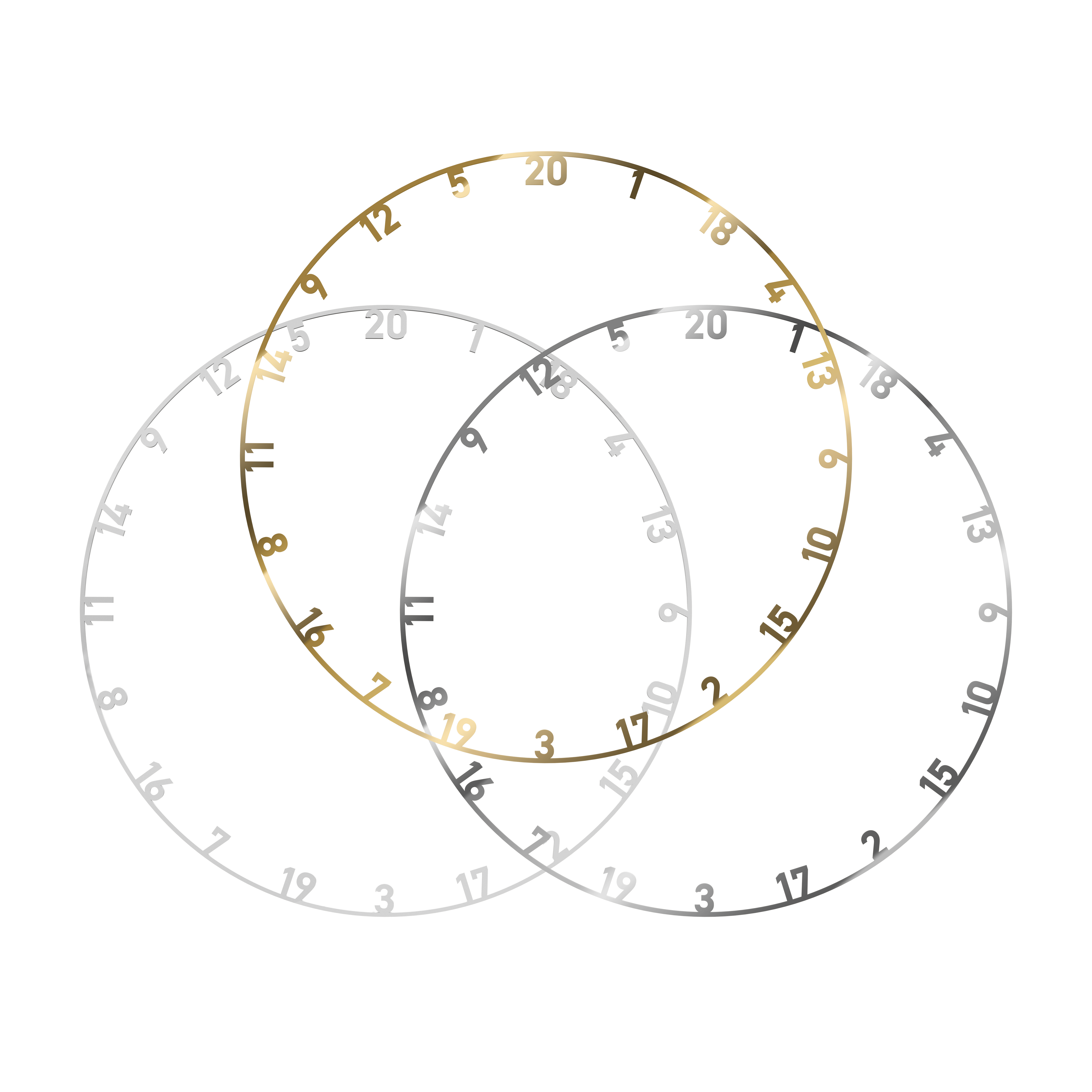 Das Bild zeigt drei Zahlenringe für ein Steeldartboard in den Farben Gold, Silber und Weiß. Die Zahlenringe sind kreisförmig und überlappen sich teilweise.