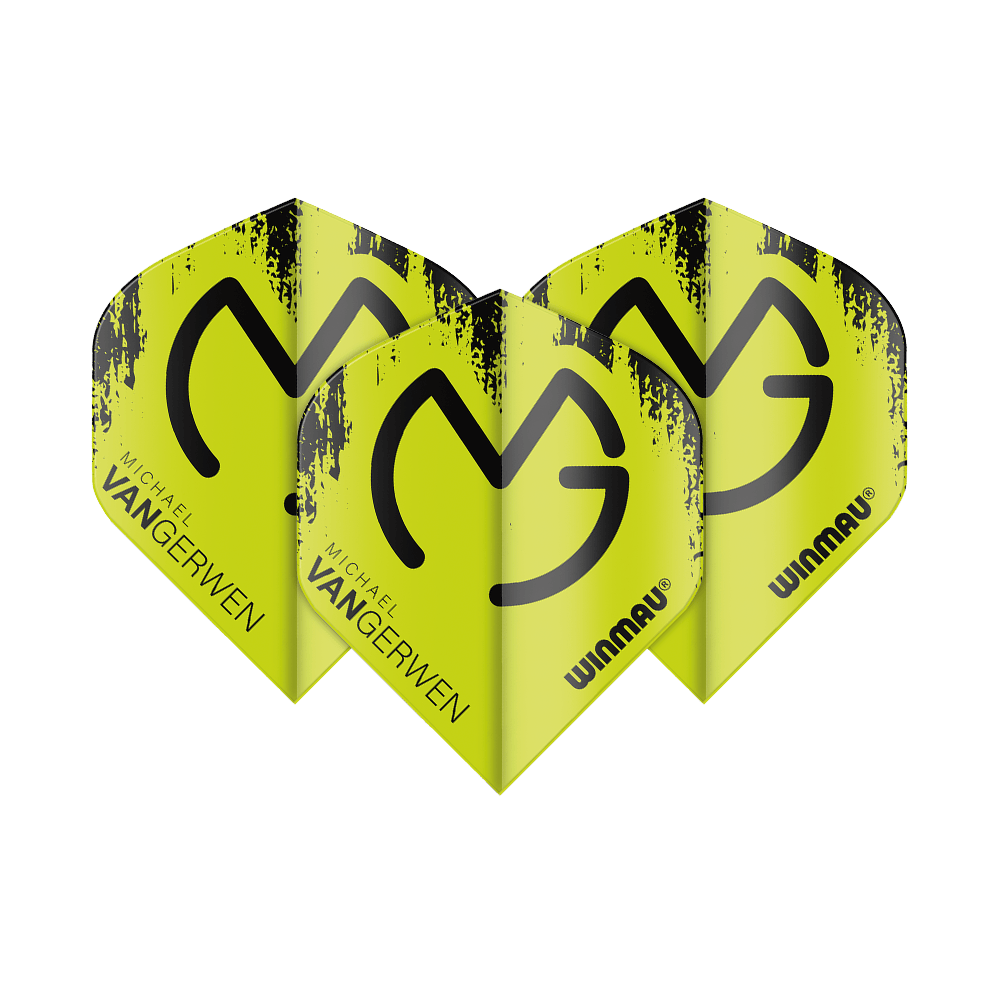 6900-232_Winmau_Mega_MvG_Black_Green_Standard_Flights_1HG5GO8oLmVFvp Das Bild zeigt vier gelb-grüne Winmau Mega MvG Black Green Standard Flights für Dartpfeile. Auf den Flights stehen die Namen „Michael Van Gerwen“ und „Winmau“.