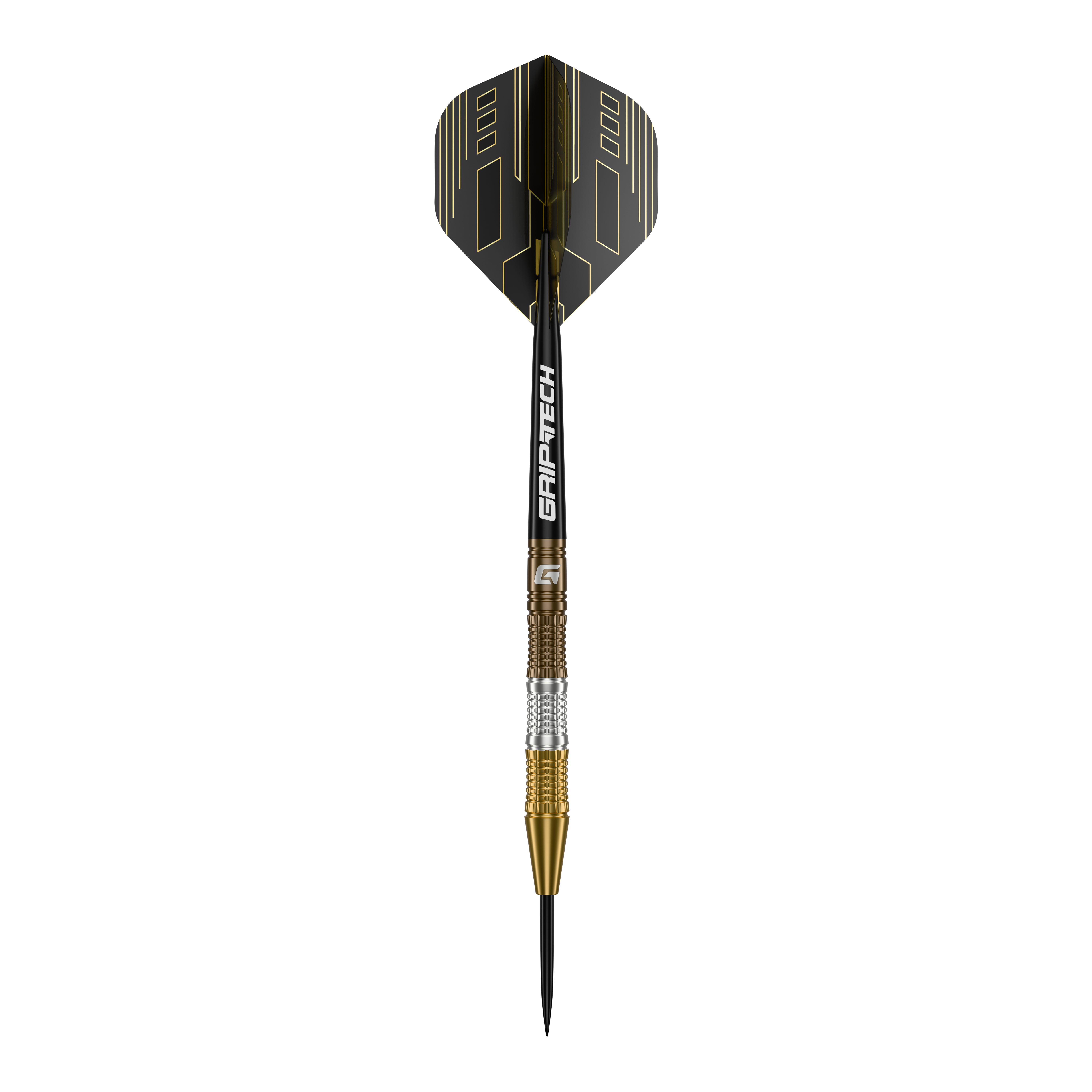 Das Bild zeigt einen GOAT Ceremony Tungsten Steeldart mit einem eleganten Design in Gold, Silber und Schwarz. Auf dem Schaft steht der Schriftzug "GRIP-TECH".